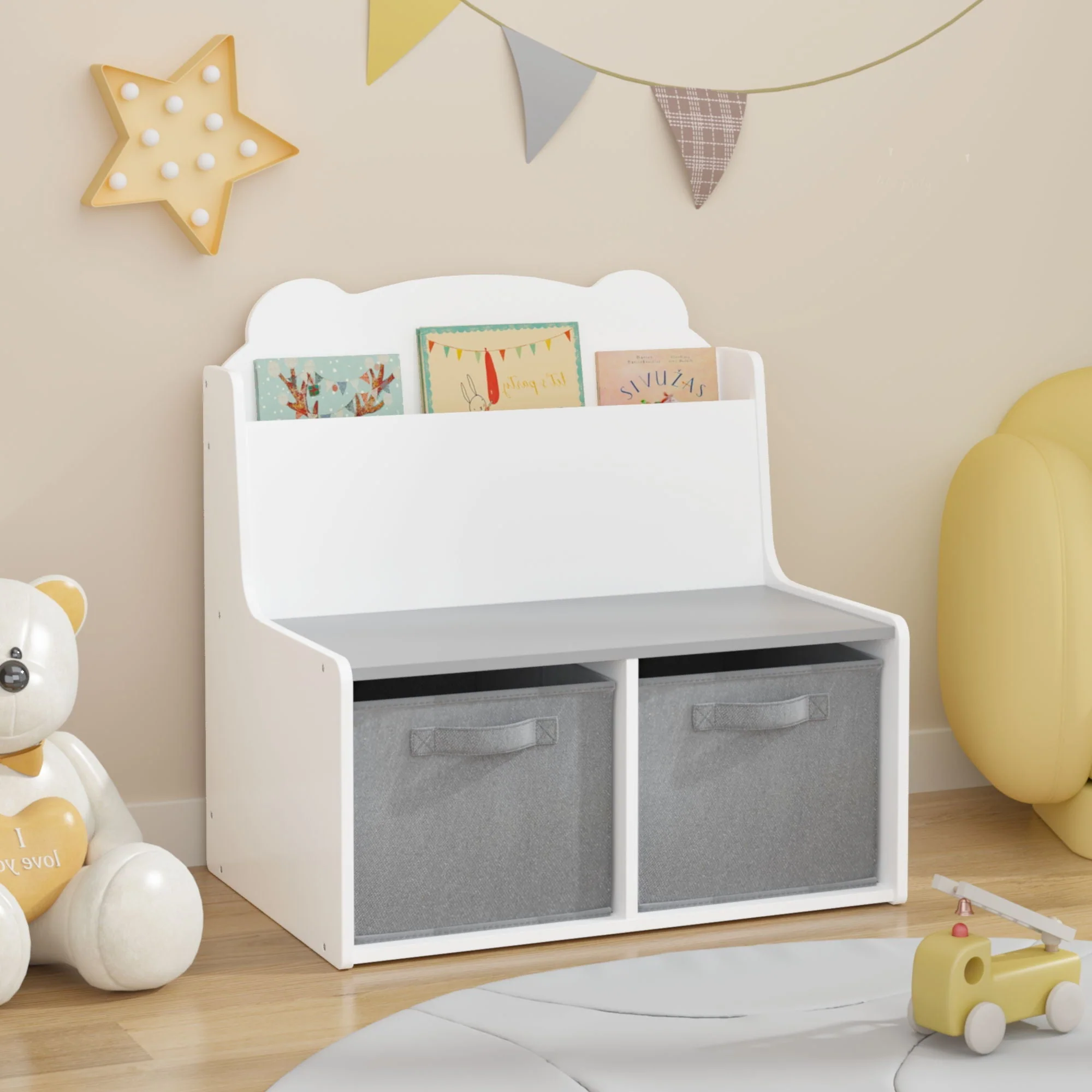 Bookshelf With Storage Bins, Bookcase With Book Display Shelf And 2 Bins, Cute Bear Shaped Backboard, Toy Organizer - White - Image 3