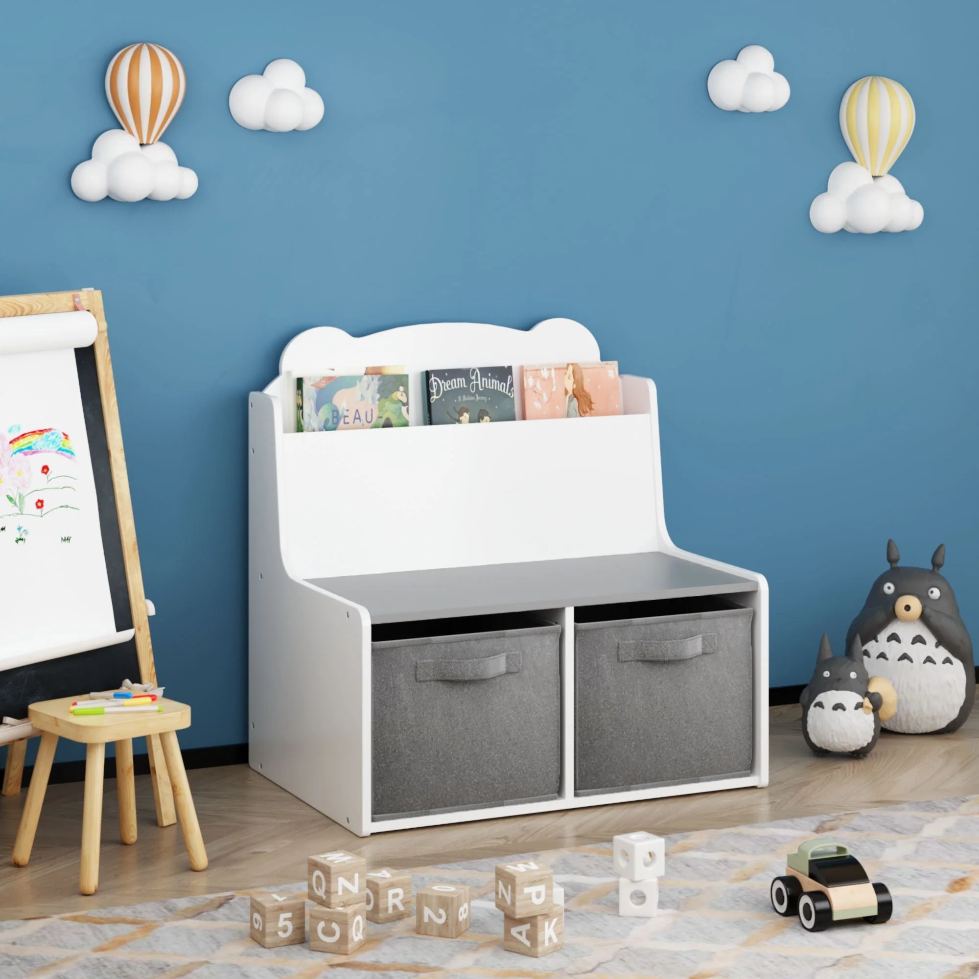 Bookshelf With Storage Bins, Bookcase With Book Display Shelf And 2 Bins, Cute Bear Shaped Backboard, Toy Organizer - White - Image 4