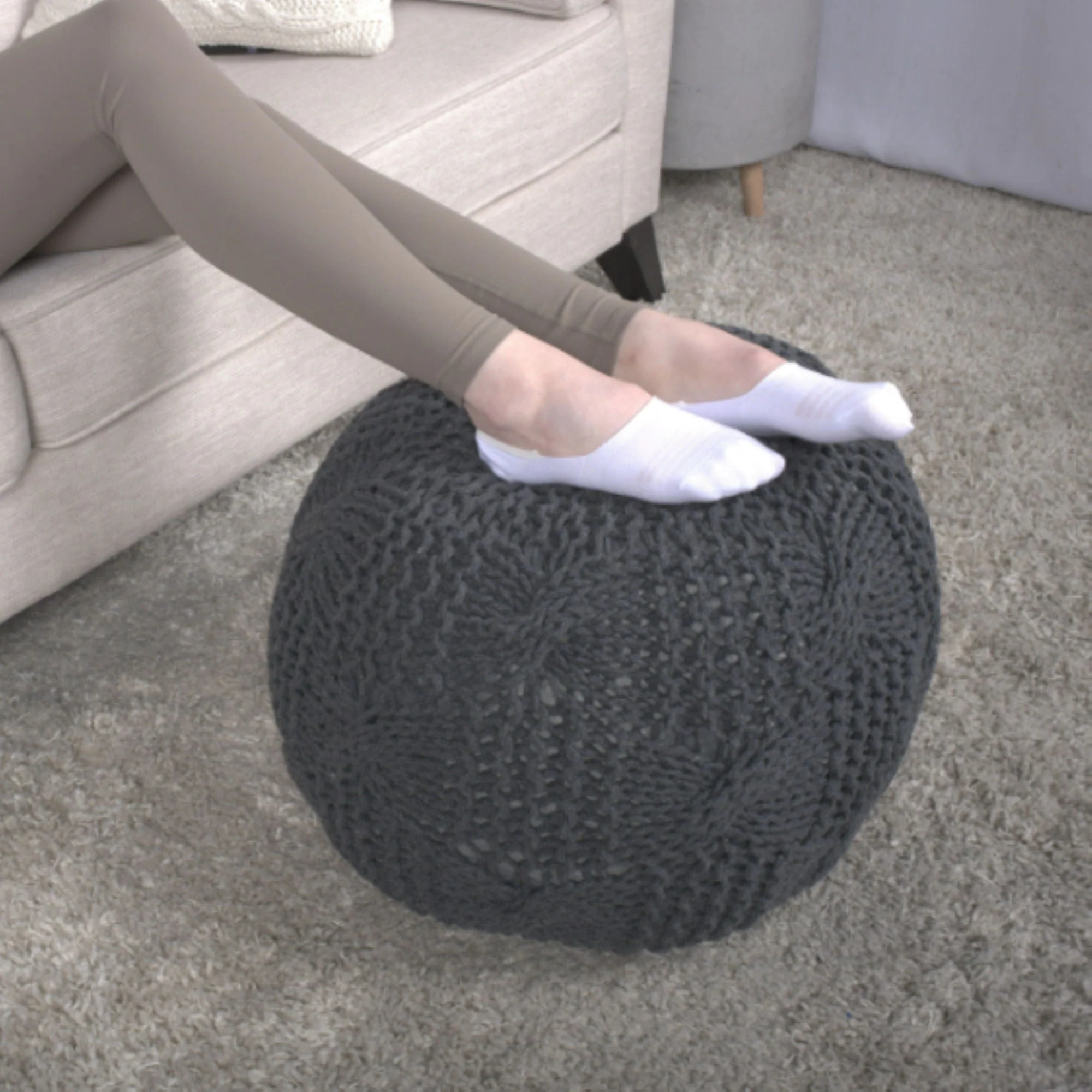Bordeaux Knitted Cotton Round Pouf - Image 5
