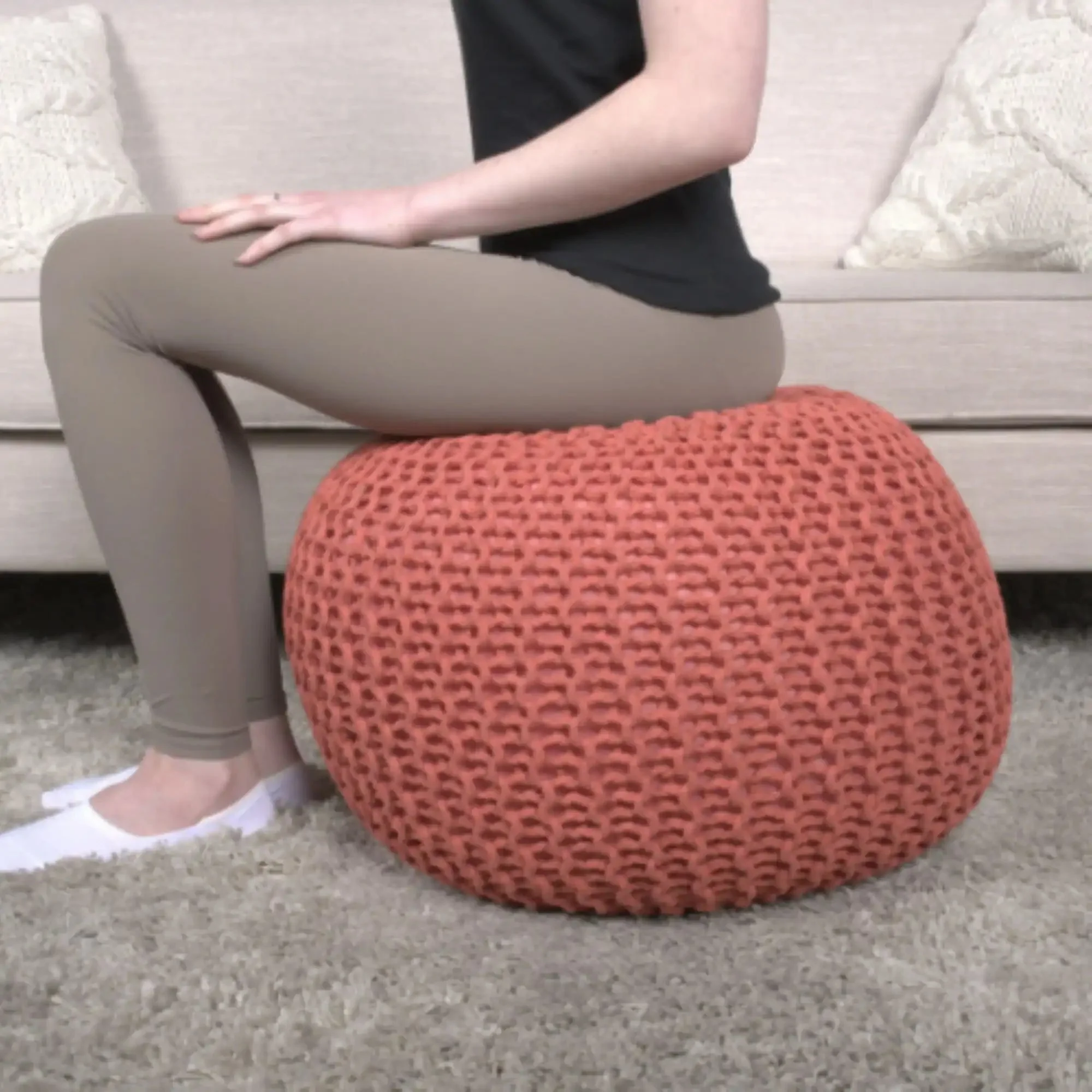 Bordeaux Knitted Cotton Round Pouf Ottoman Floor Cushion - Image 14