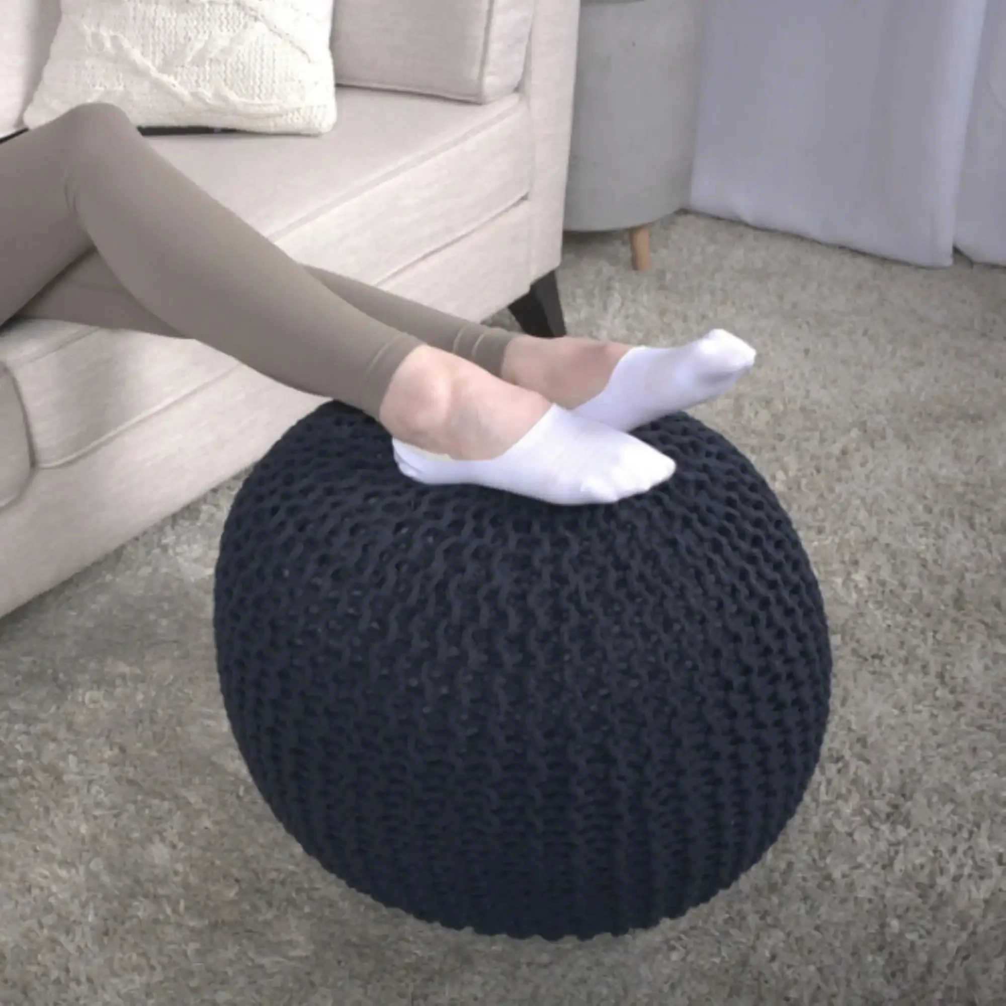 Bordeaux Knitted Cotton Round Pouf Ottoman Floor Cushion - Image 15