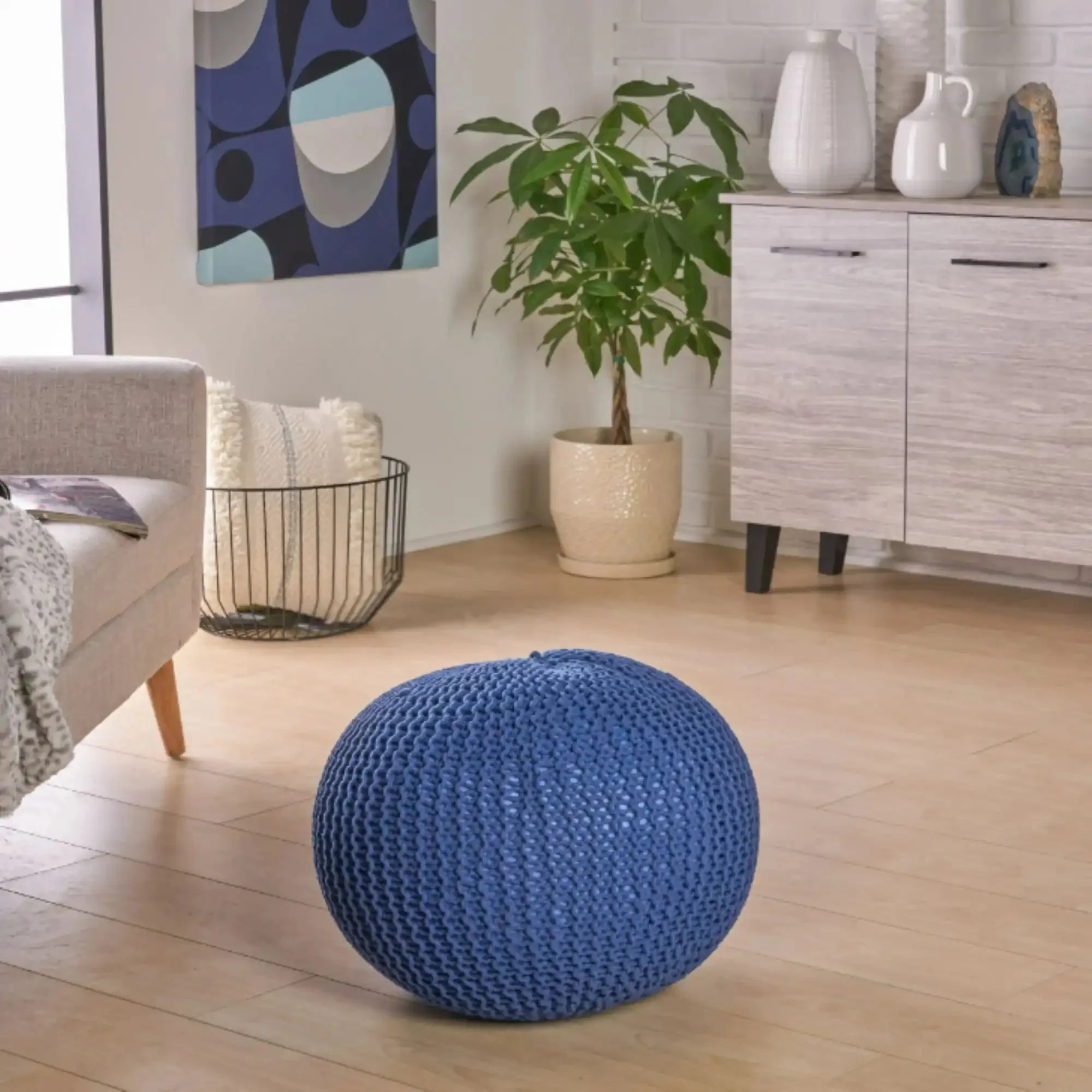 Bordeaux Knitted Cotton Round Pouf - Versatile Ottoman and Floor Cushion - Image 16