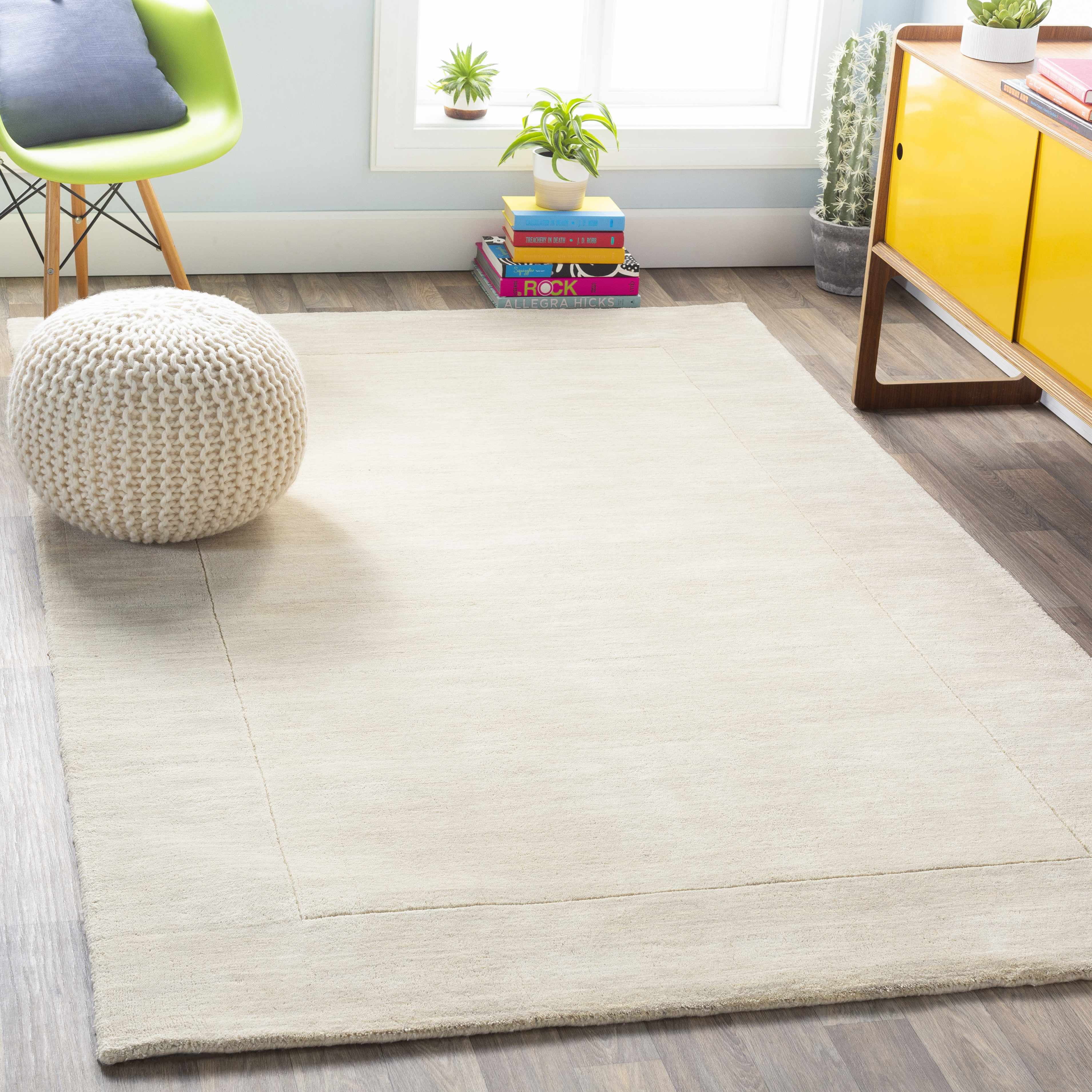 Bordered Solid Beige Cream Wool Rug - Image 2
