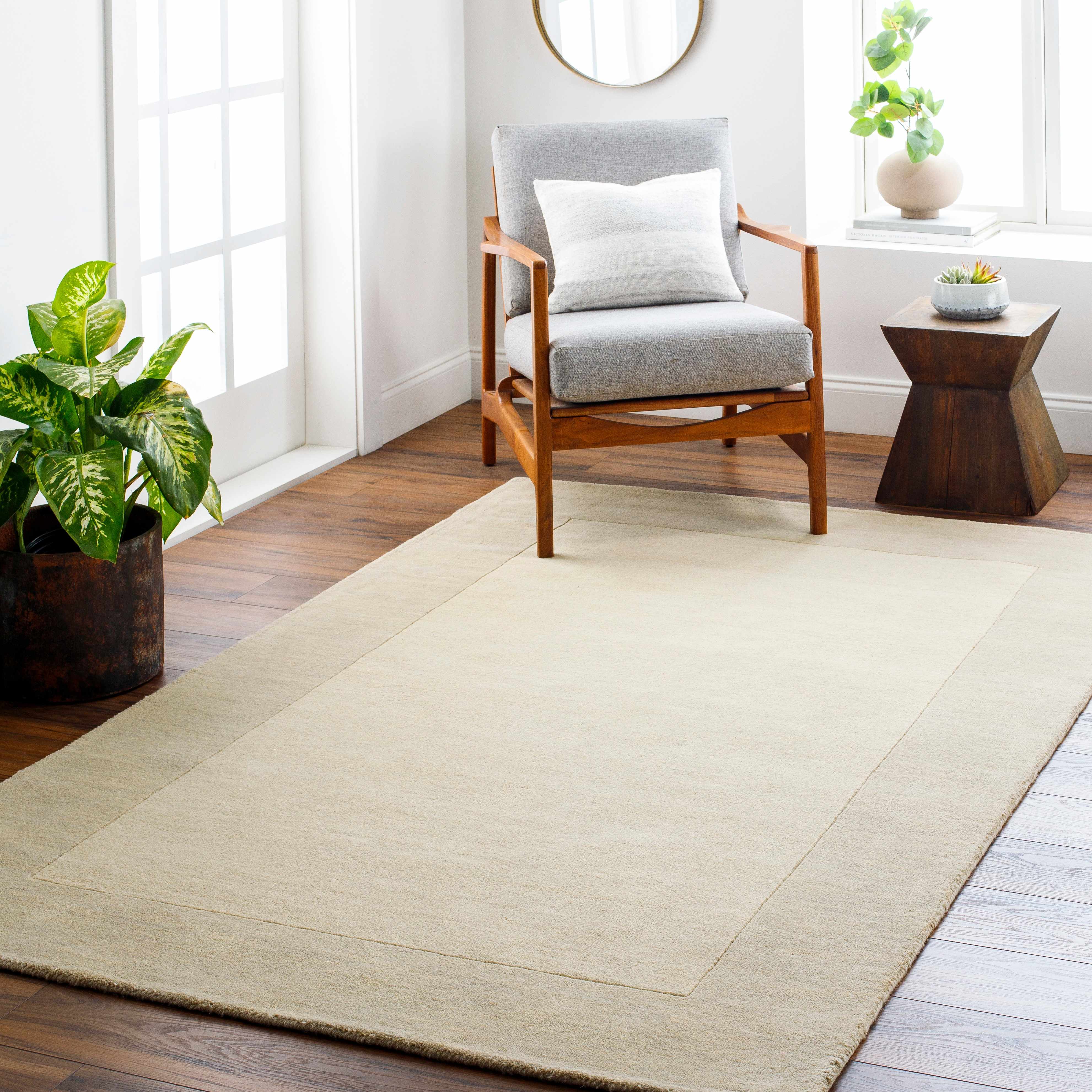 Bordered Solid Beige Cream Wool Rug - Image 3