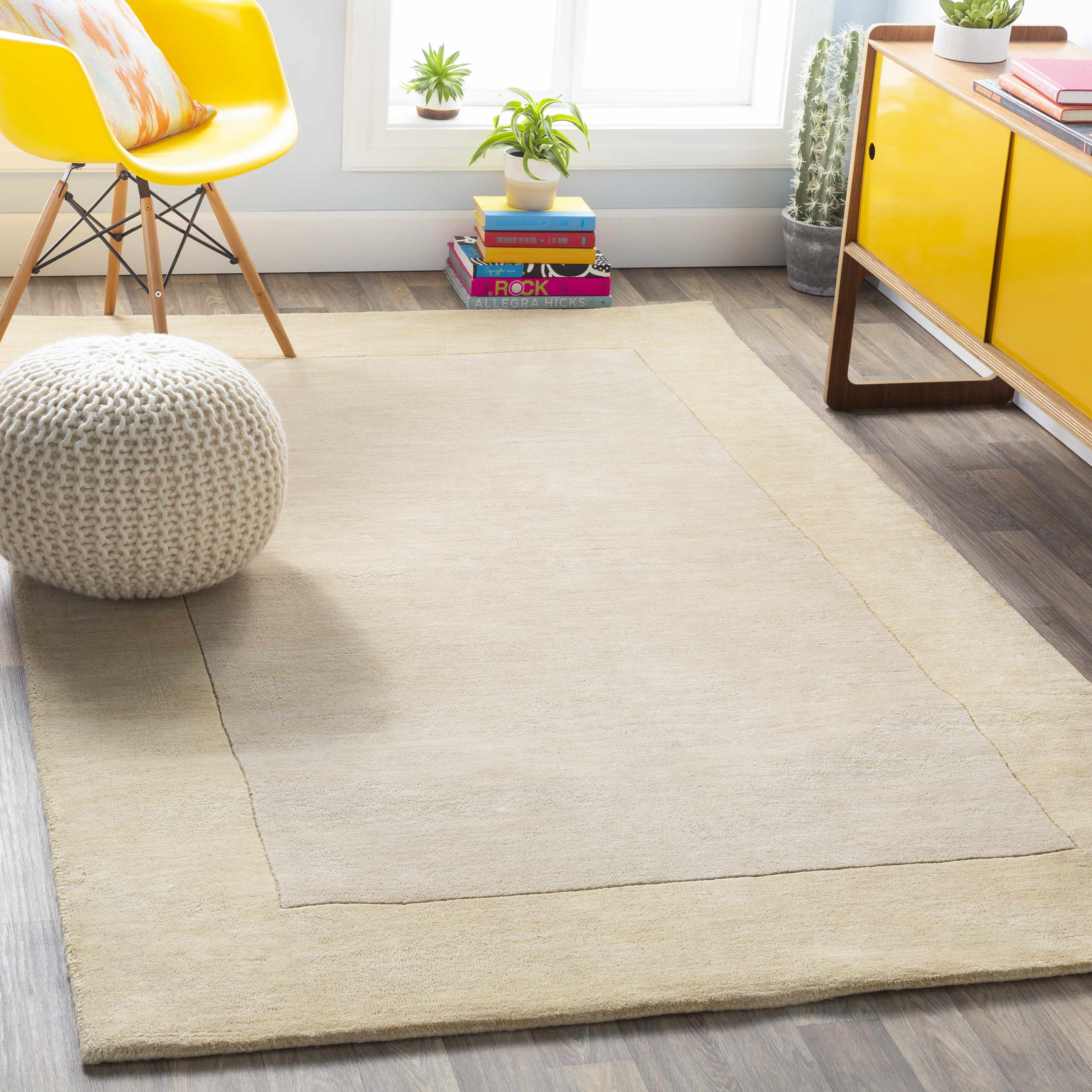 Bordered Solid Beige Wool Rug - Image 2