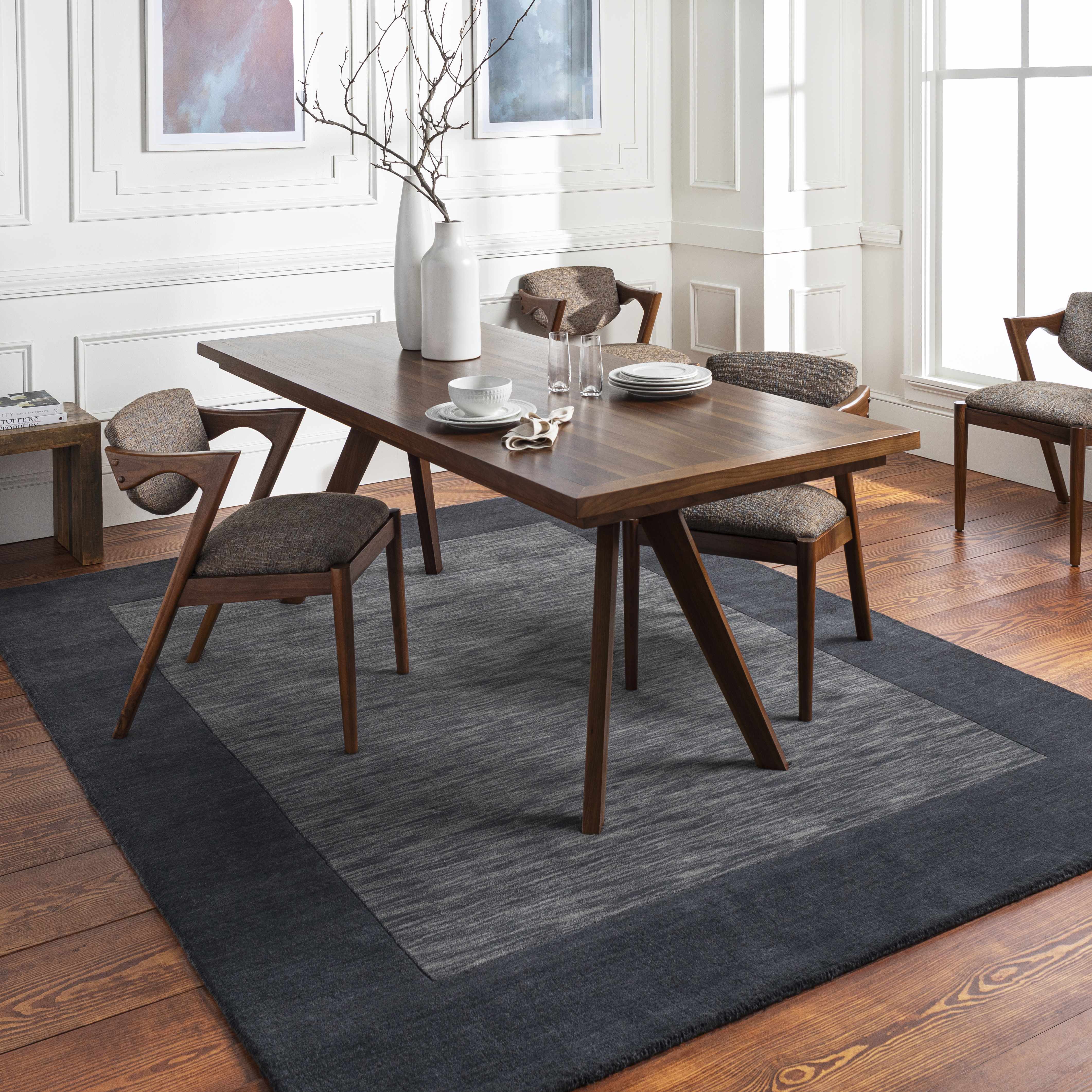 Bordered Solid Black Charcoal Wool Rug - Image 2