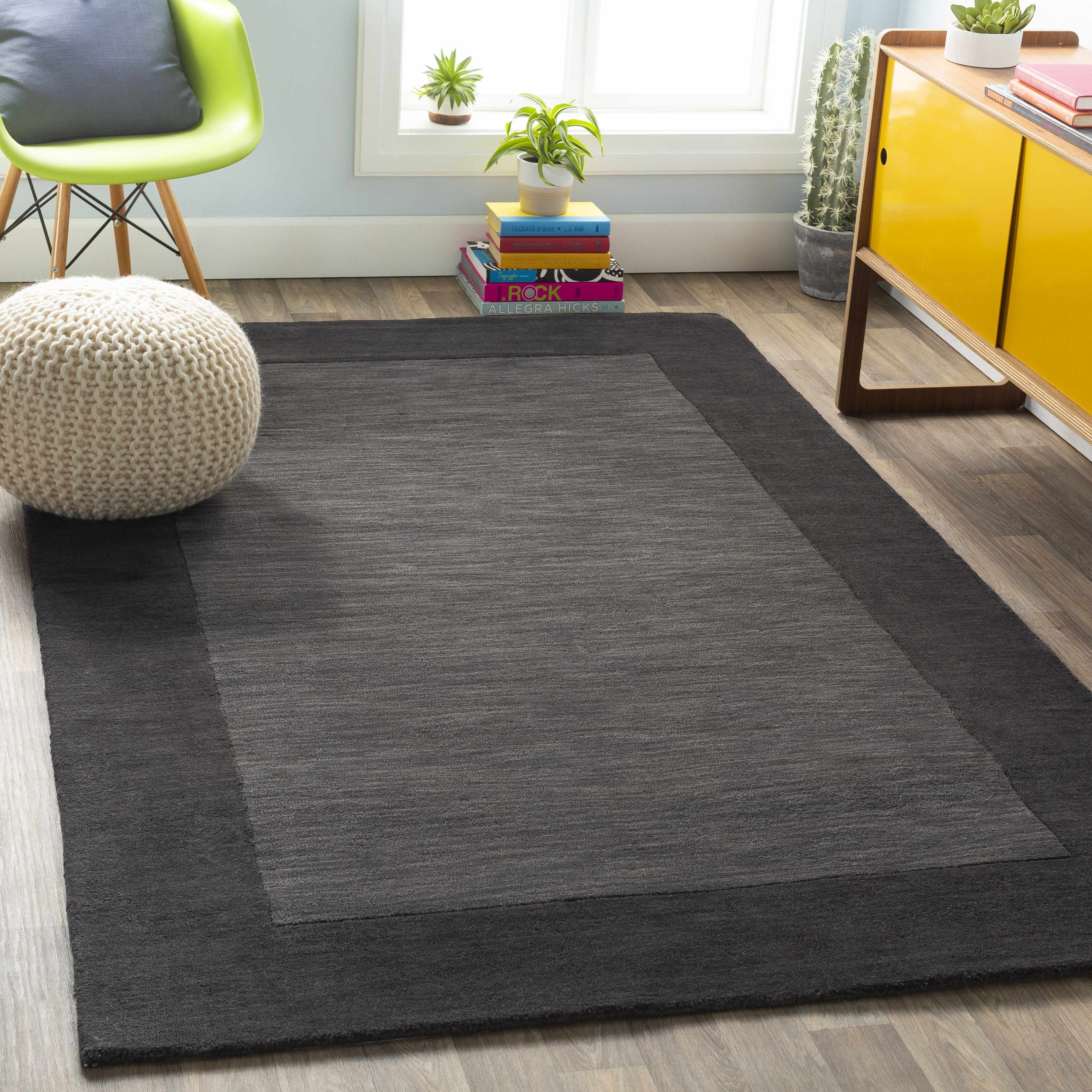 Bordered Solid Black Charcoal Wool Rug - Image 3