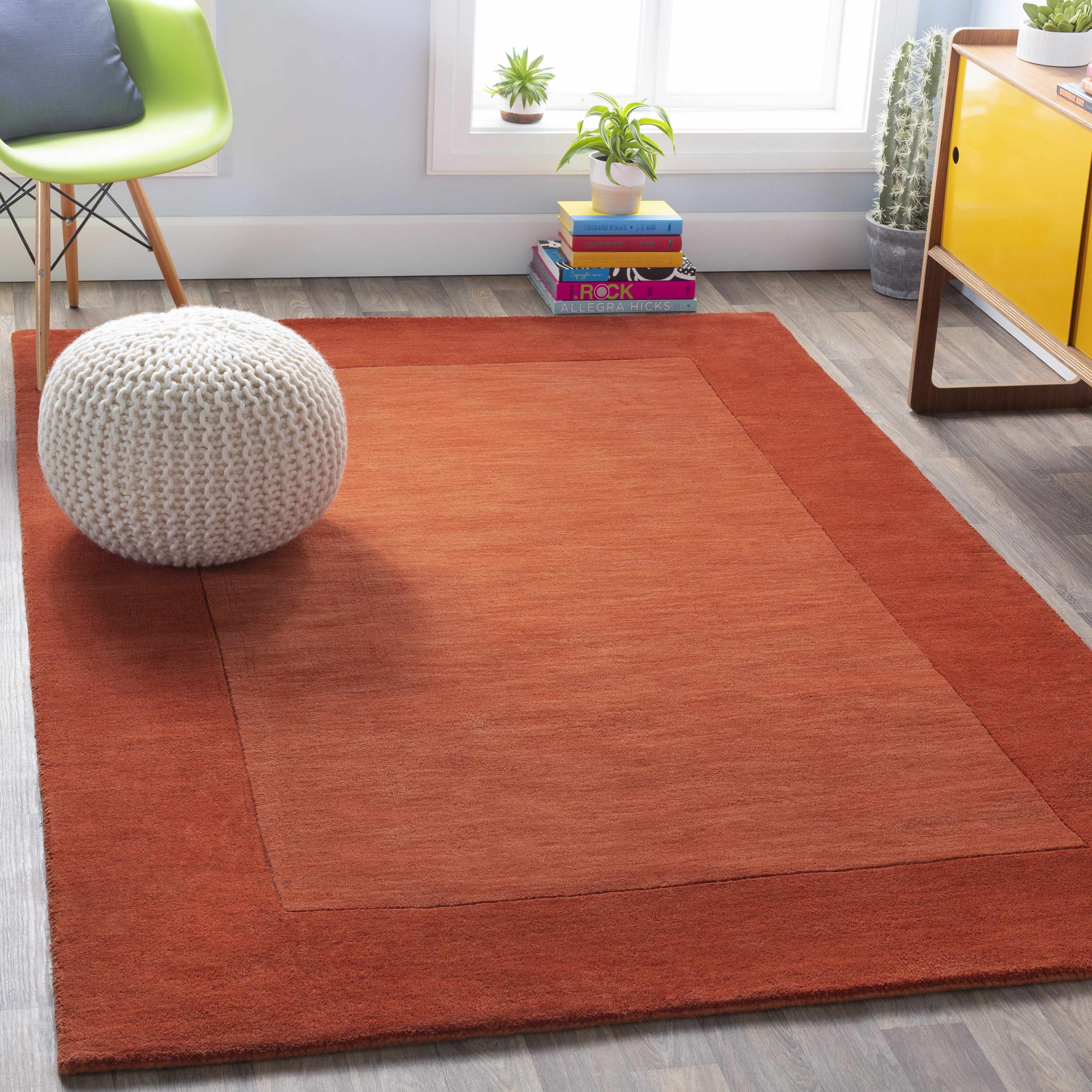 Bordered Solid Brick Red Wool Rug - Image 2
