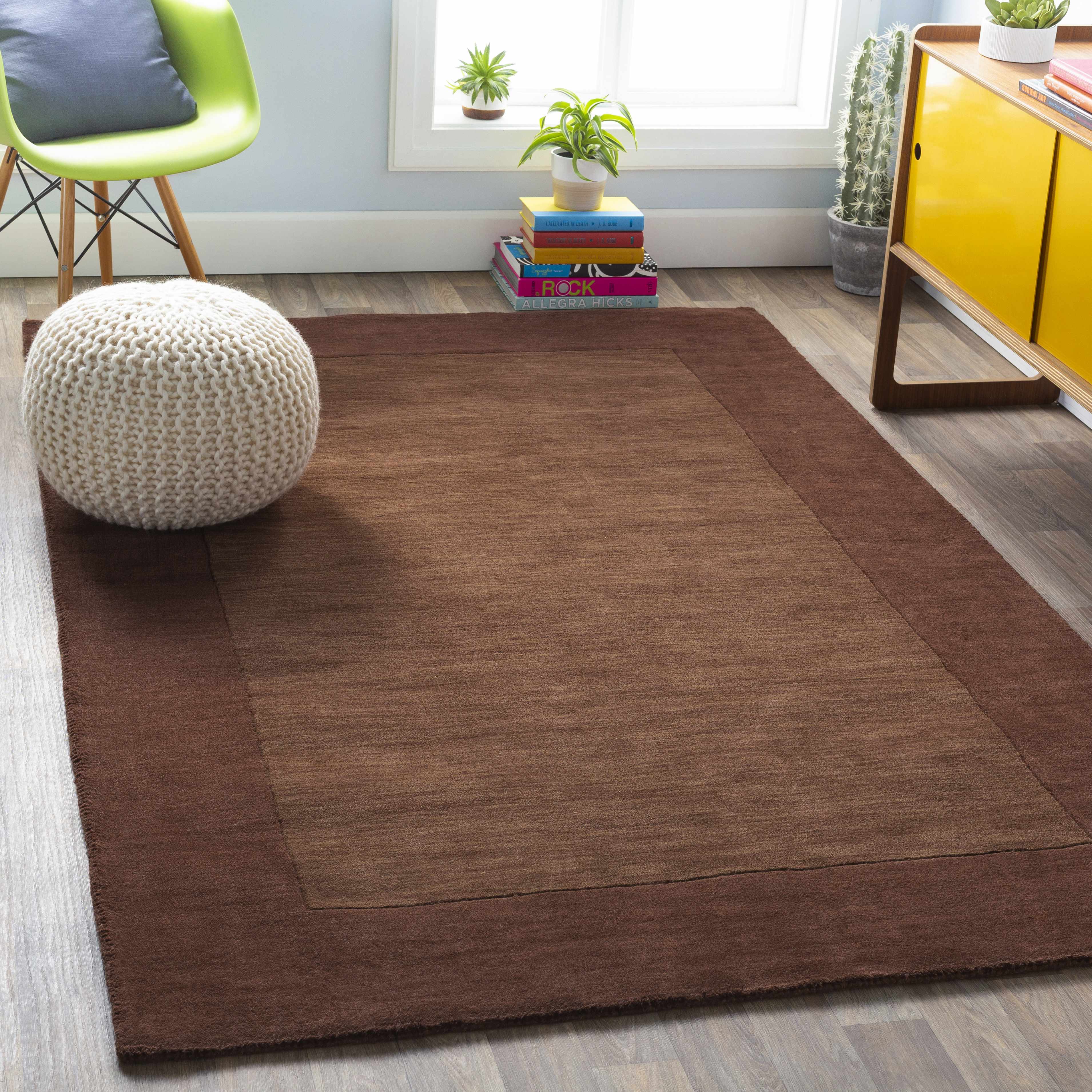 Bordered Solid Brown Wool Rug - Image 2