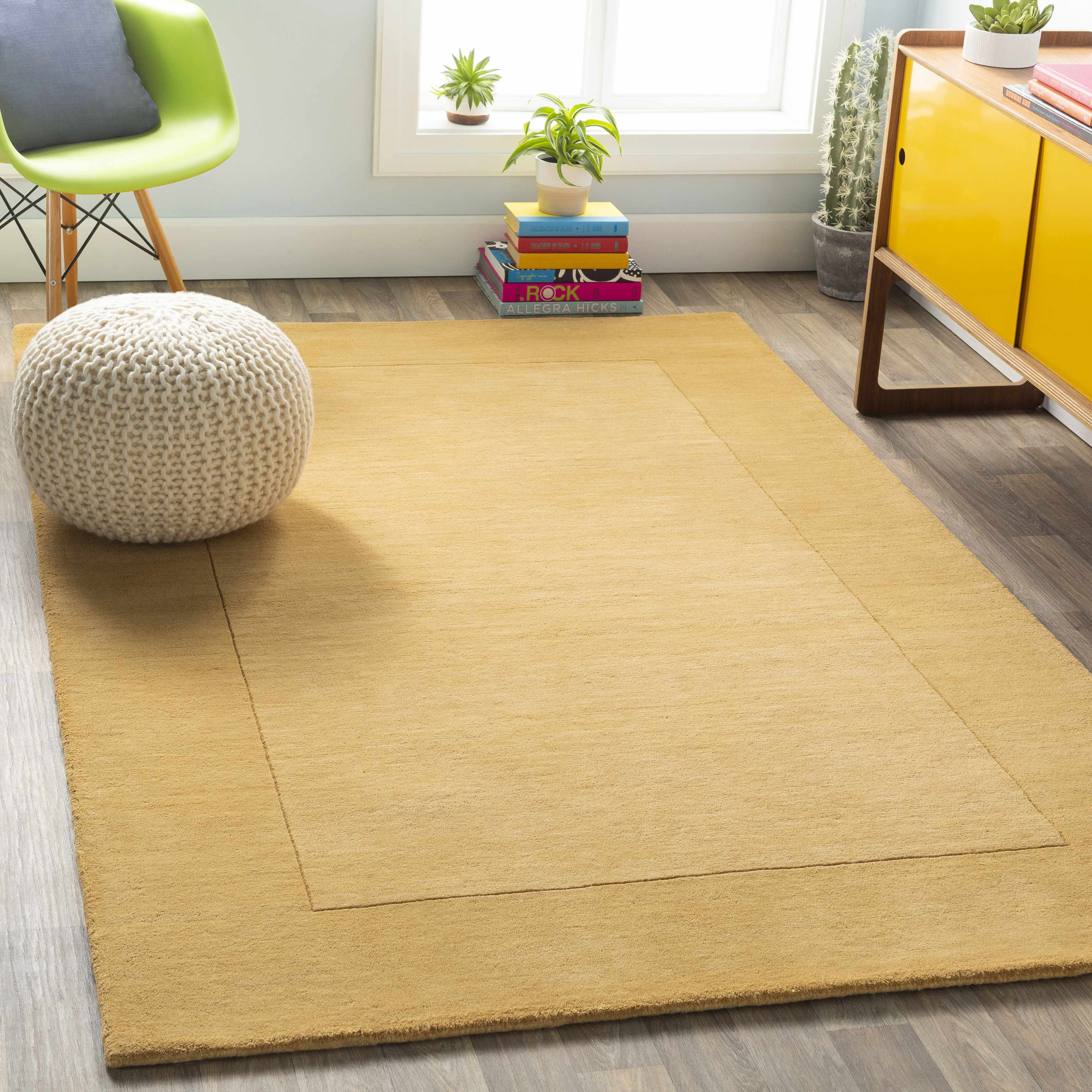 Bordered Solid Camel Yellow Wool Rug - Image 2