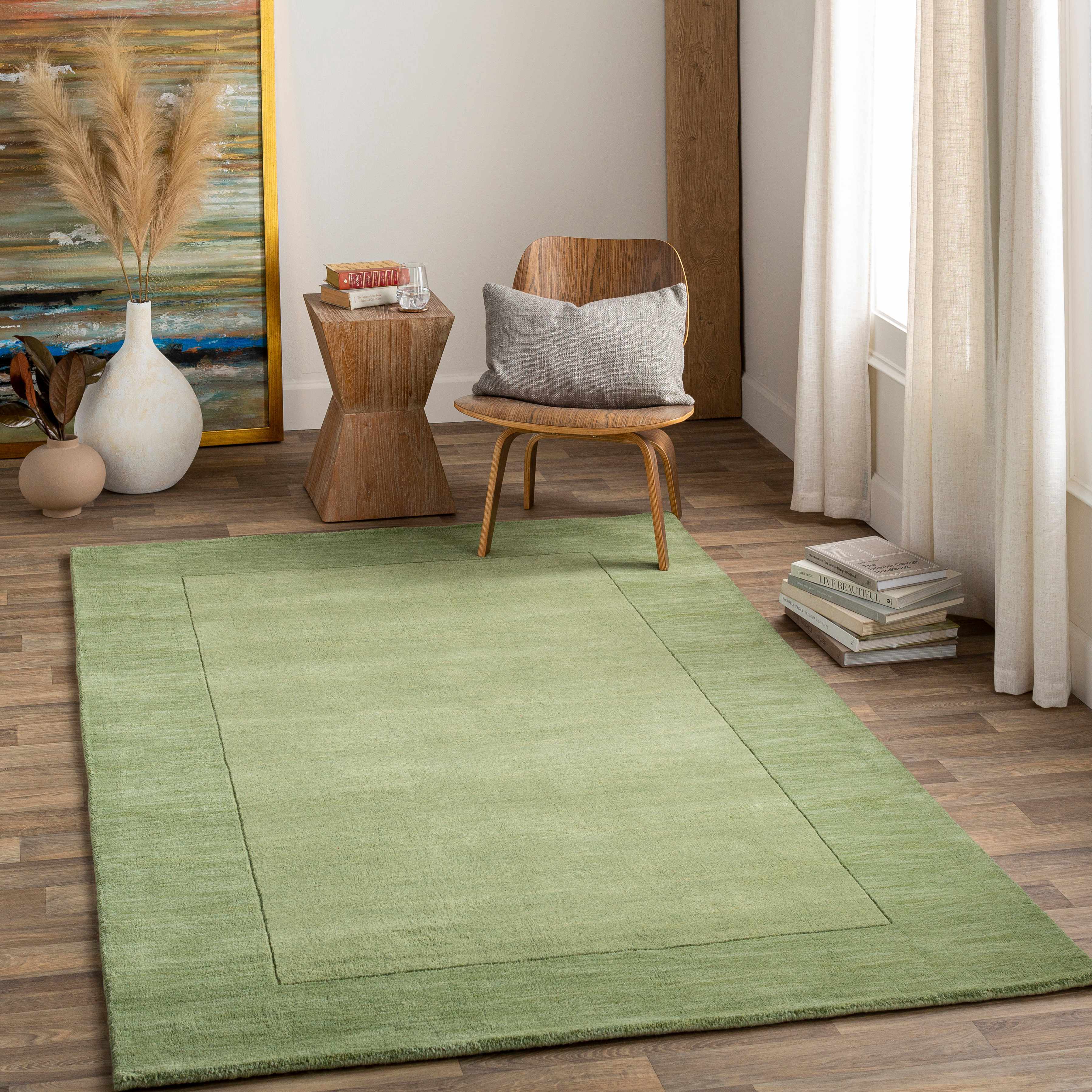 Bordered Solid Green Wool Rug - Image 2