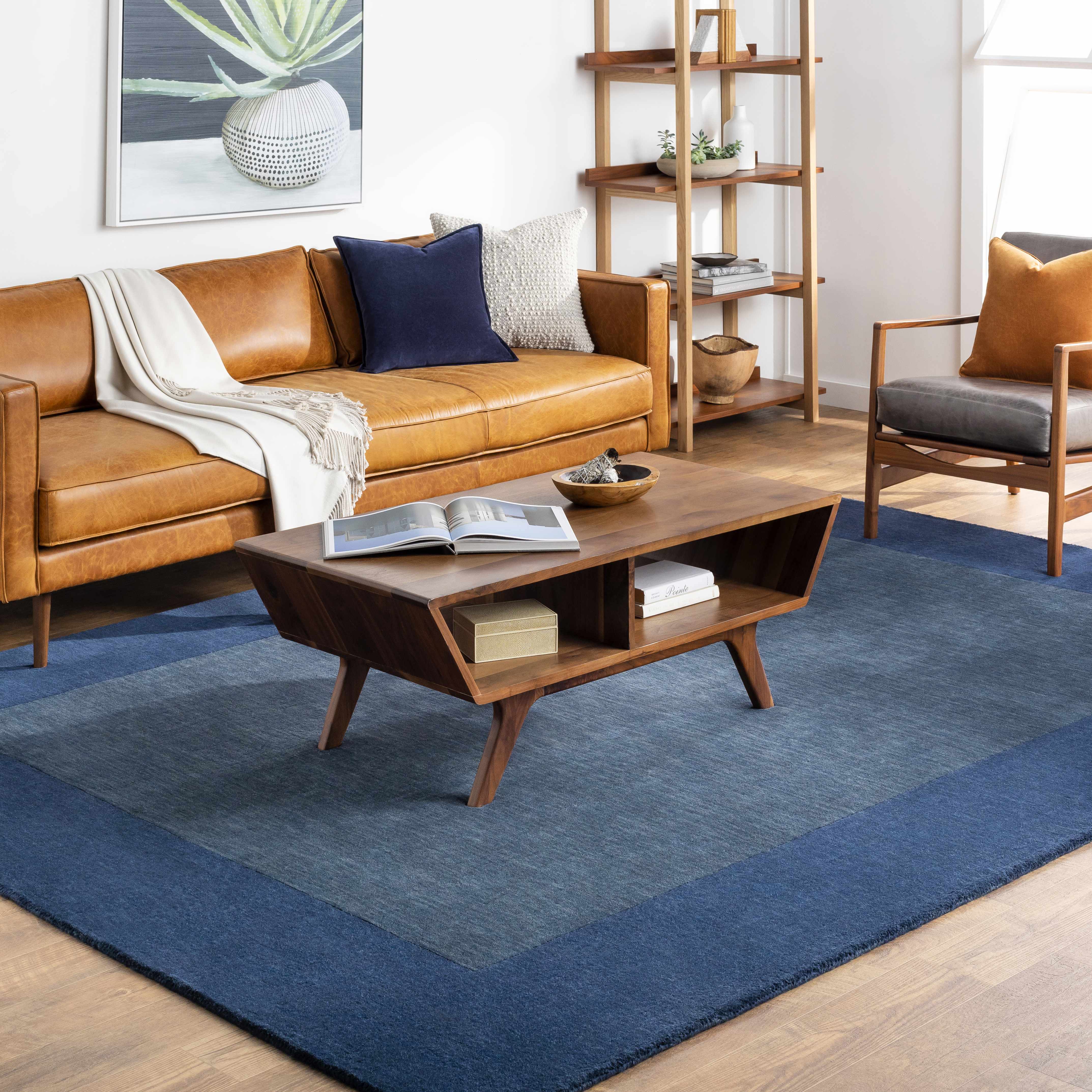 Bordered Solid Ink Blue Wool Rug - Image 2