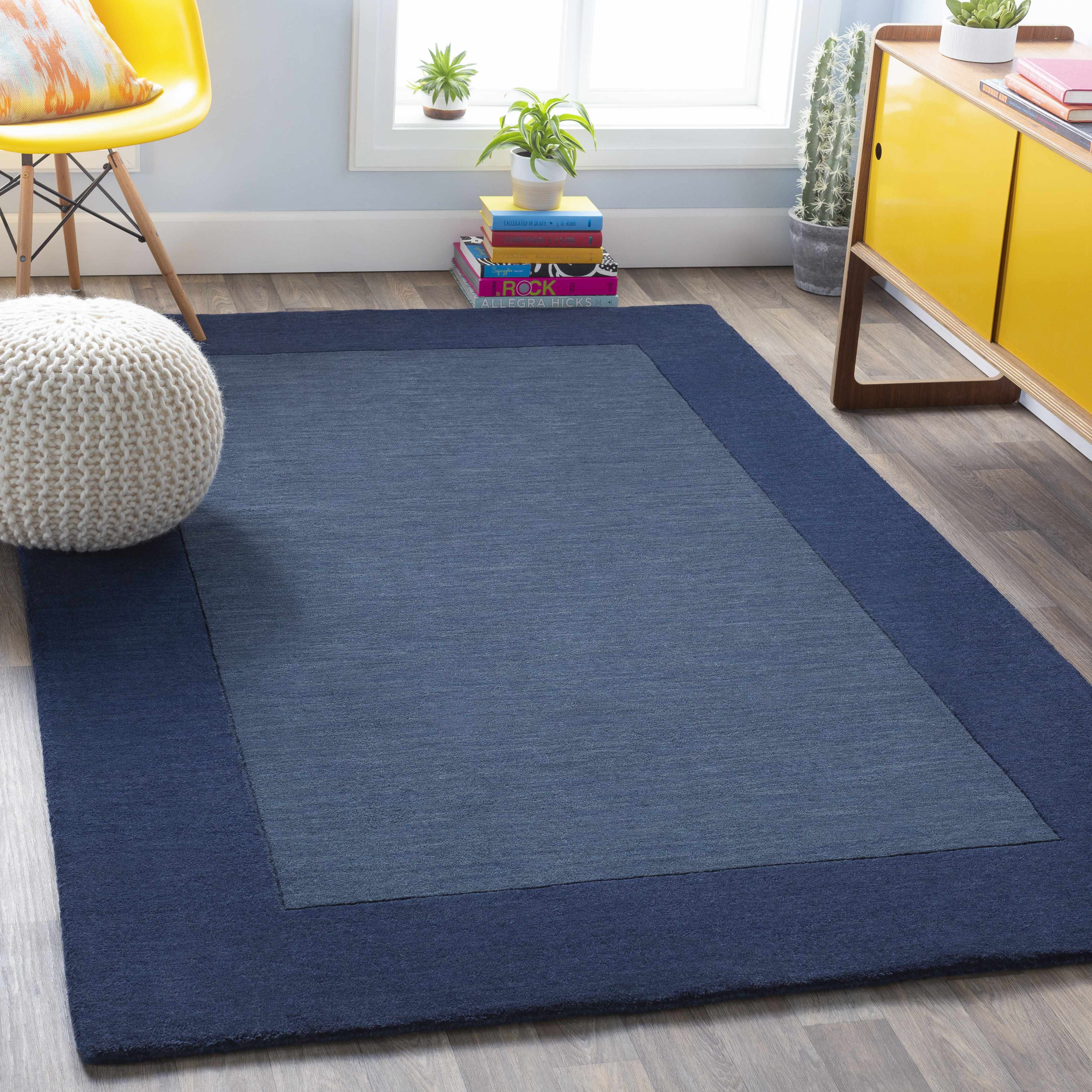 Bordered Solid Ink Blue Wool Rug - Image 3