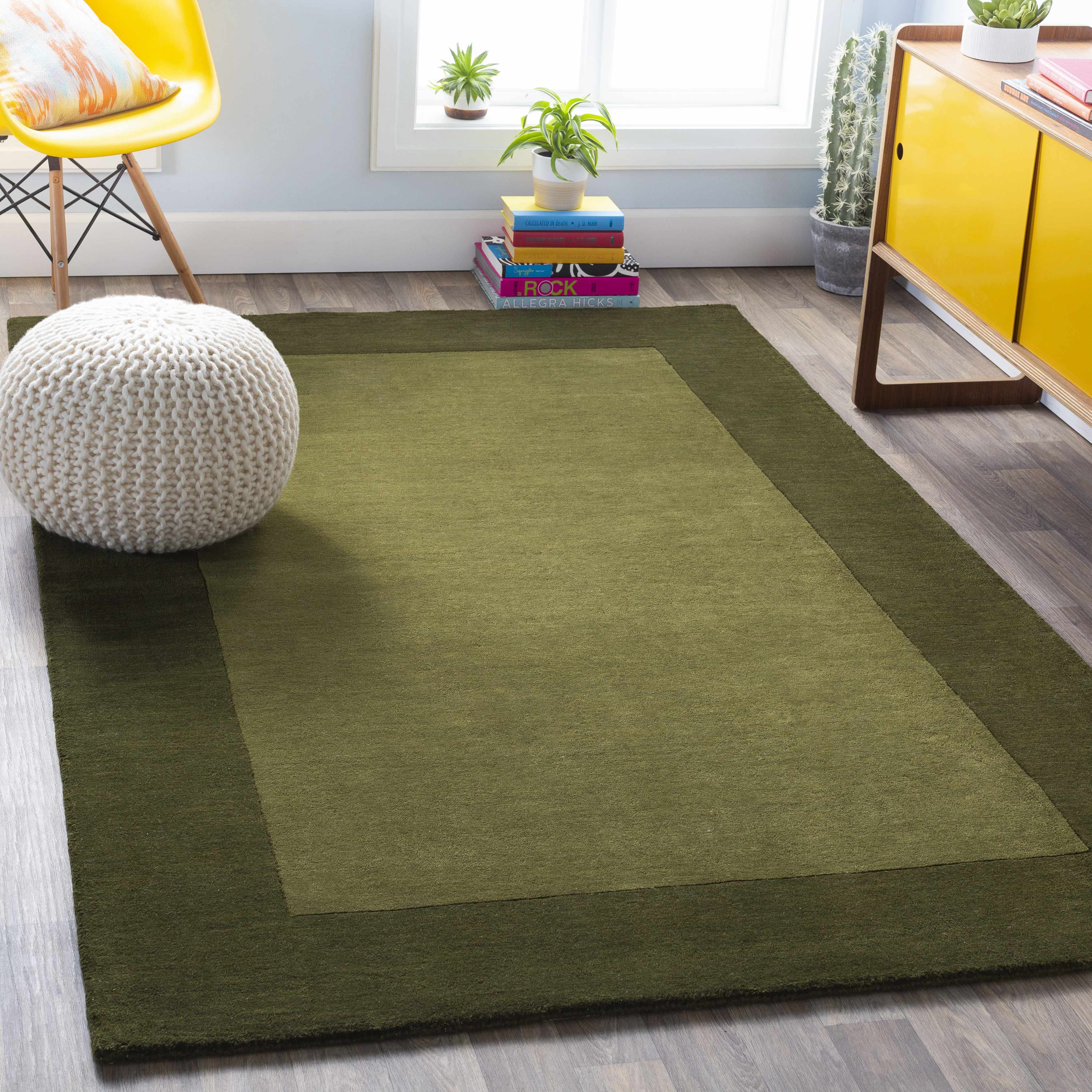 Bordered Solid Olive Green Wool Rug - Image 2