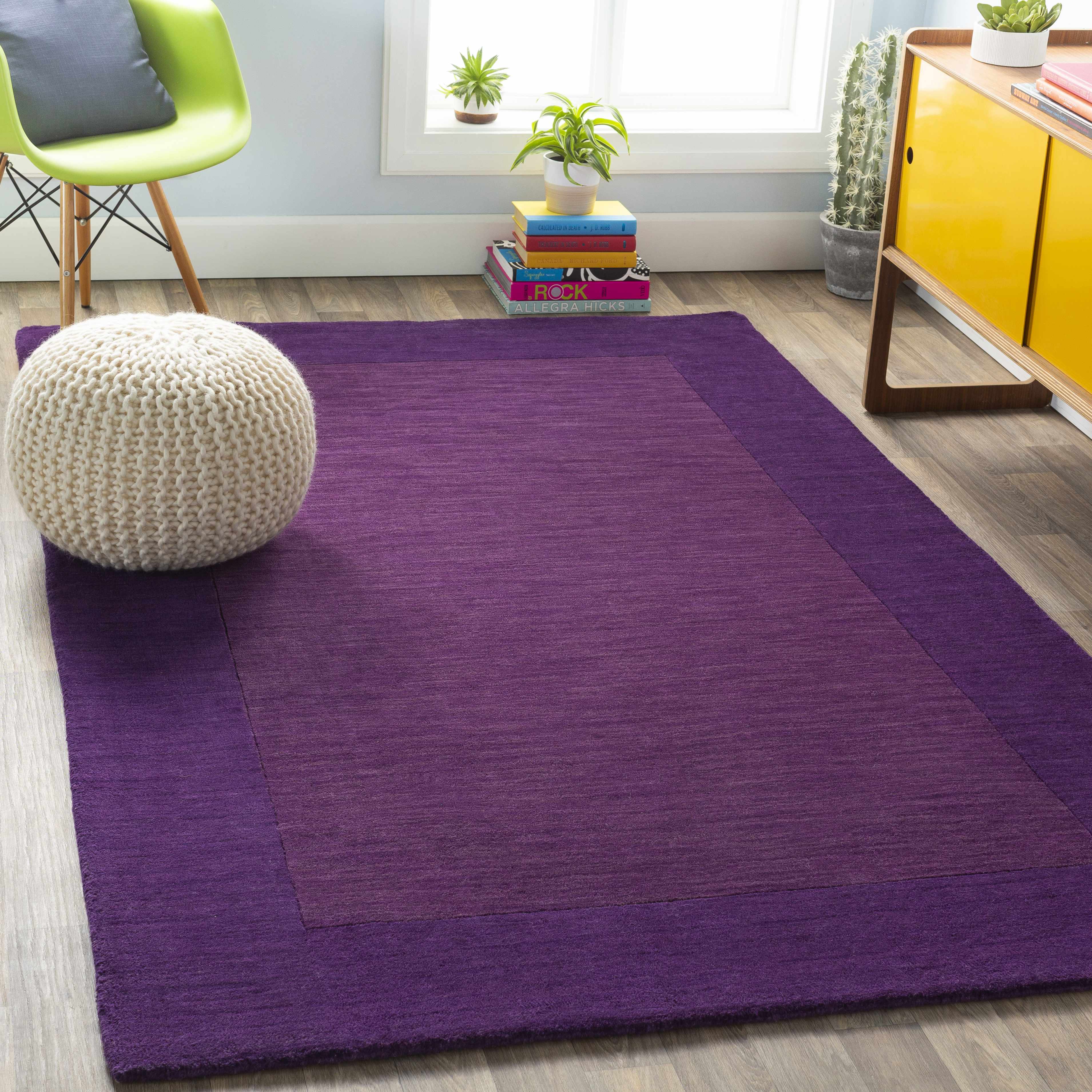 Bordered Solid Plum Purple Wool Rug - Image 2