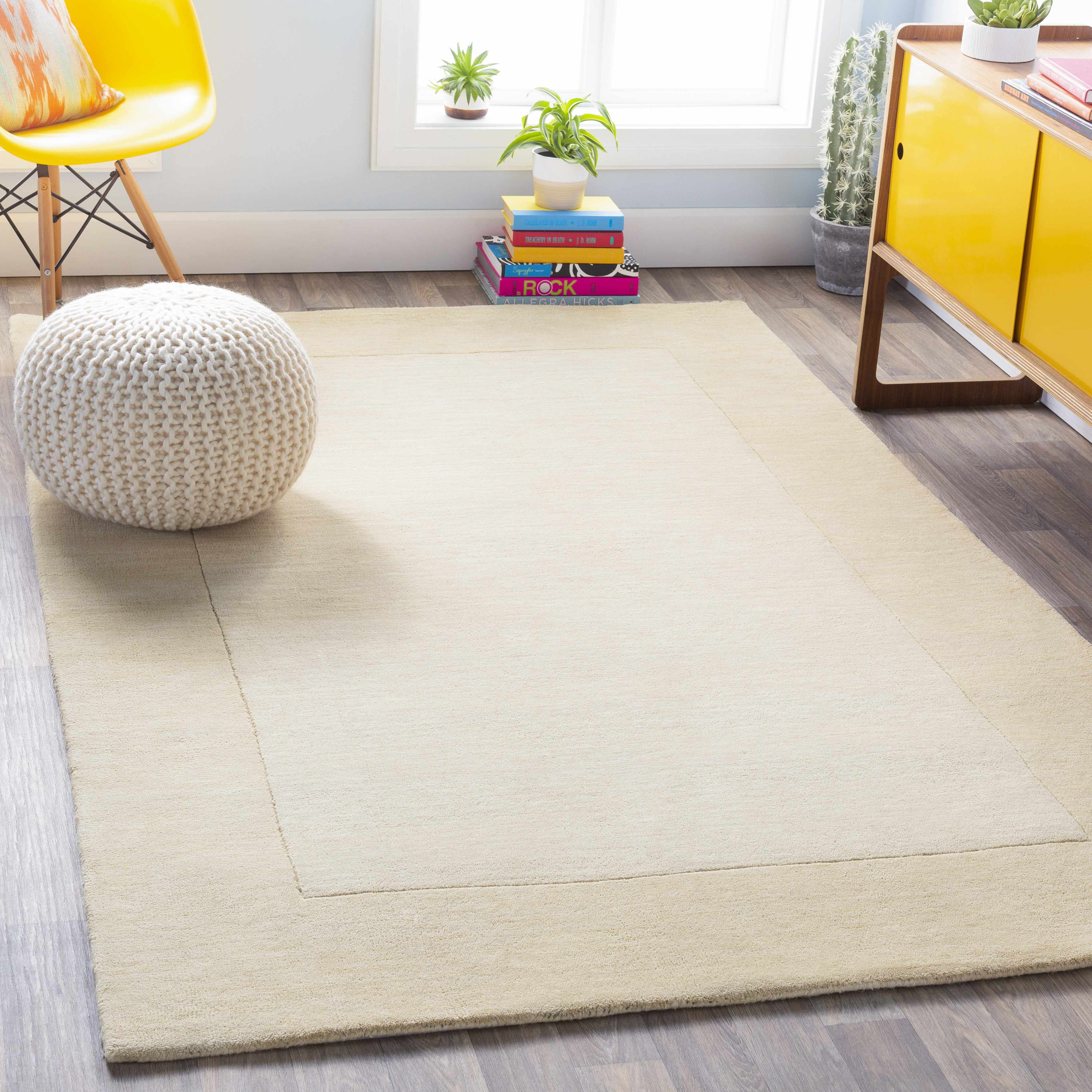 Bordered Solid Wheat Cream Wool Rug - Image 2