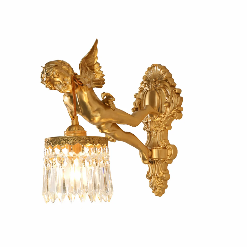 Brass Angel Wall Lamp Crystal Sconce Light Bedside Balcony Corridor Porch Decor - Image 12