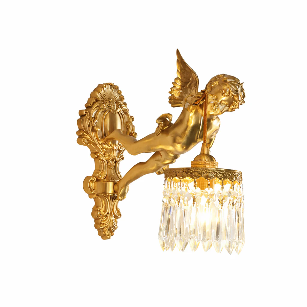 Brass Angel Wall Lamp Crystal Sconce Light Bedside Balcony Corridor Porch Decor - Image 13