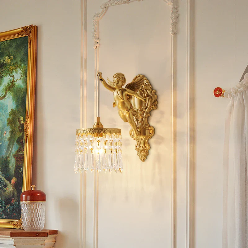 Brass Angel Wall Lamp Crystal Sconce Light Bedside Balcony Corridor Porch Decor - Image 2