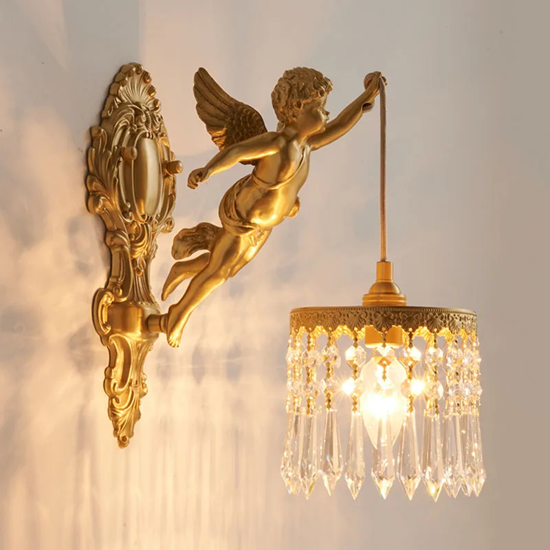 Brass Angel Wall Lamp Crystal Sconce Light Bedside Balcony Corridor Porch Decor - Image 3