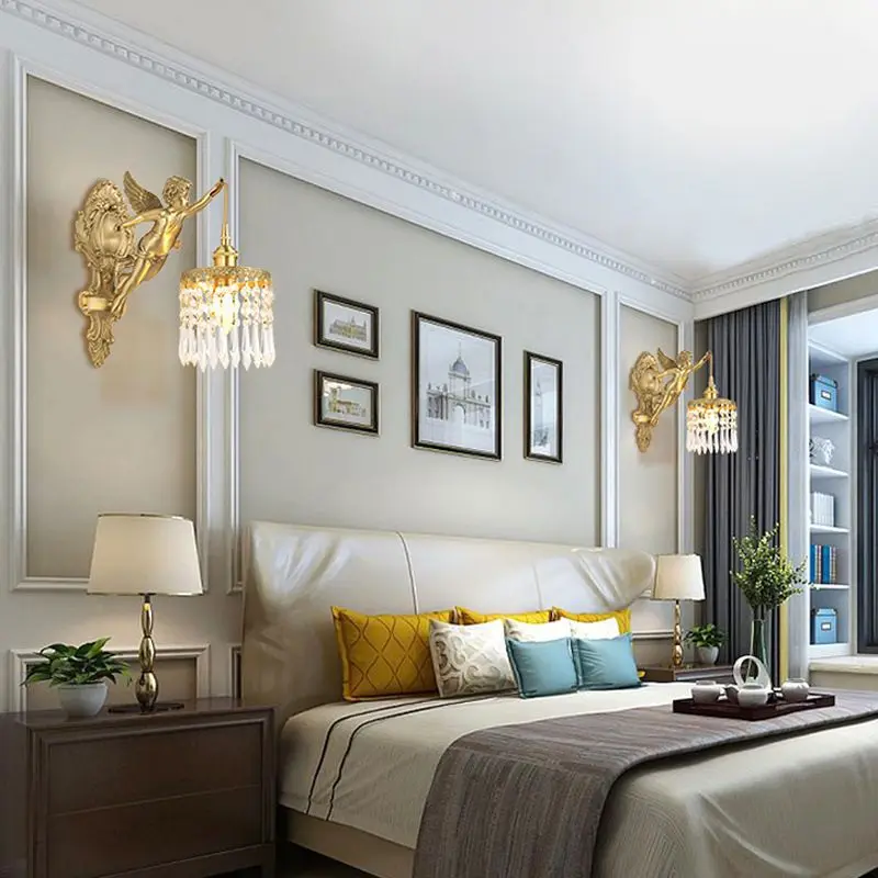 Brass Angel Wall Lamp Crystal Sconce Light Bedside Balcony Corridor Porch Decor - Image 5
