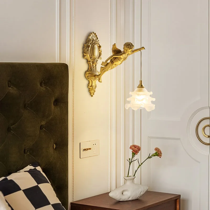 Brass Angel Wall Lamp Crystal Sconce Light Bedside Balcony Corridor Porch Decor - Image 6