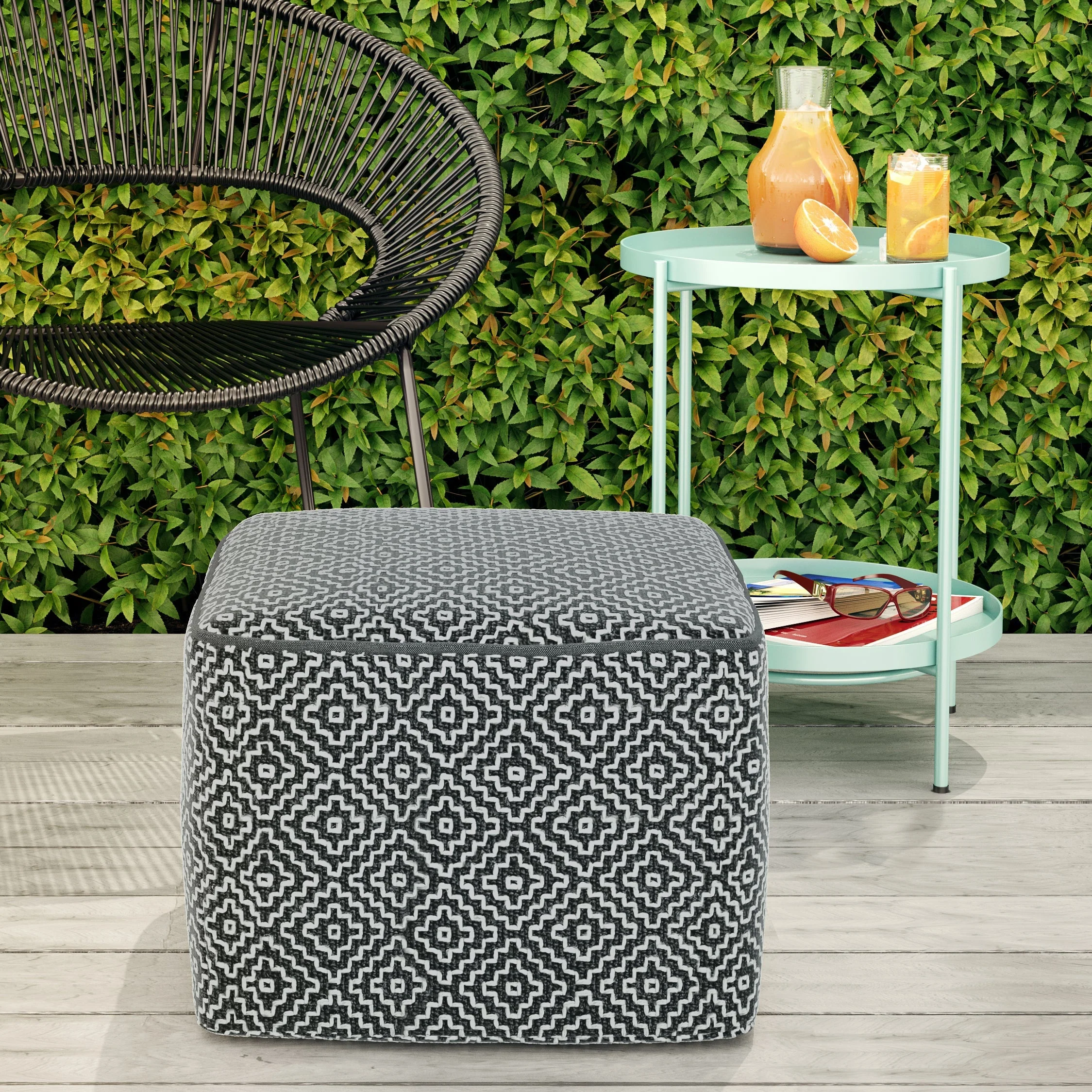 Briella Square Woven Outdoor / Indoor Pouf - Grey / White - Image 6