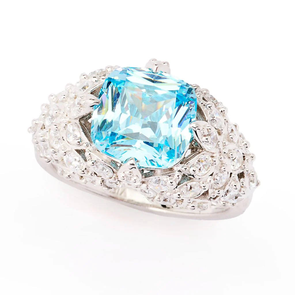 Brilliante Platinum Plated 4.32 DEW Simulated Aquamarine & Diamond Ring - Image 3