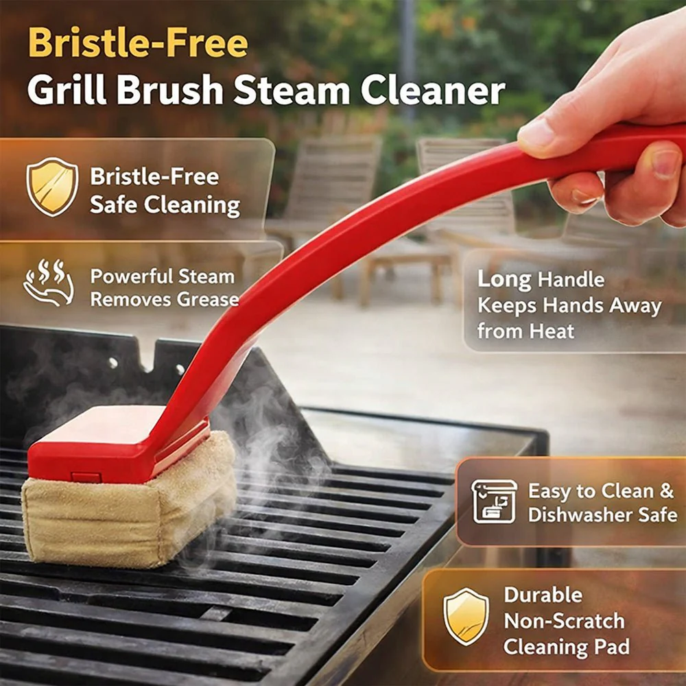 Bristle-Free Grill Steam Cleaner Brush with Long Handle - Image 3