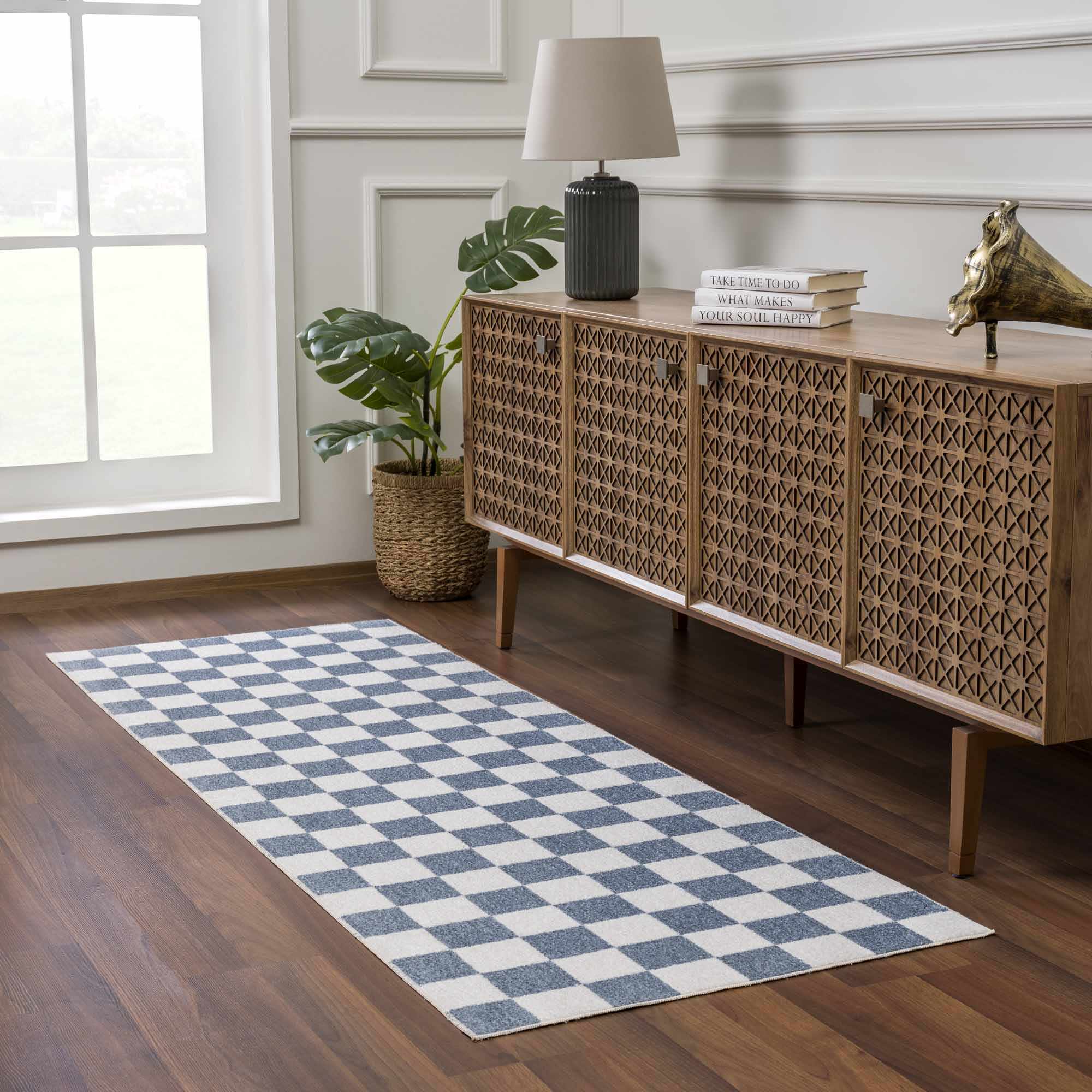 Brone Blue Checkered Washable Rug - Image 12