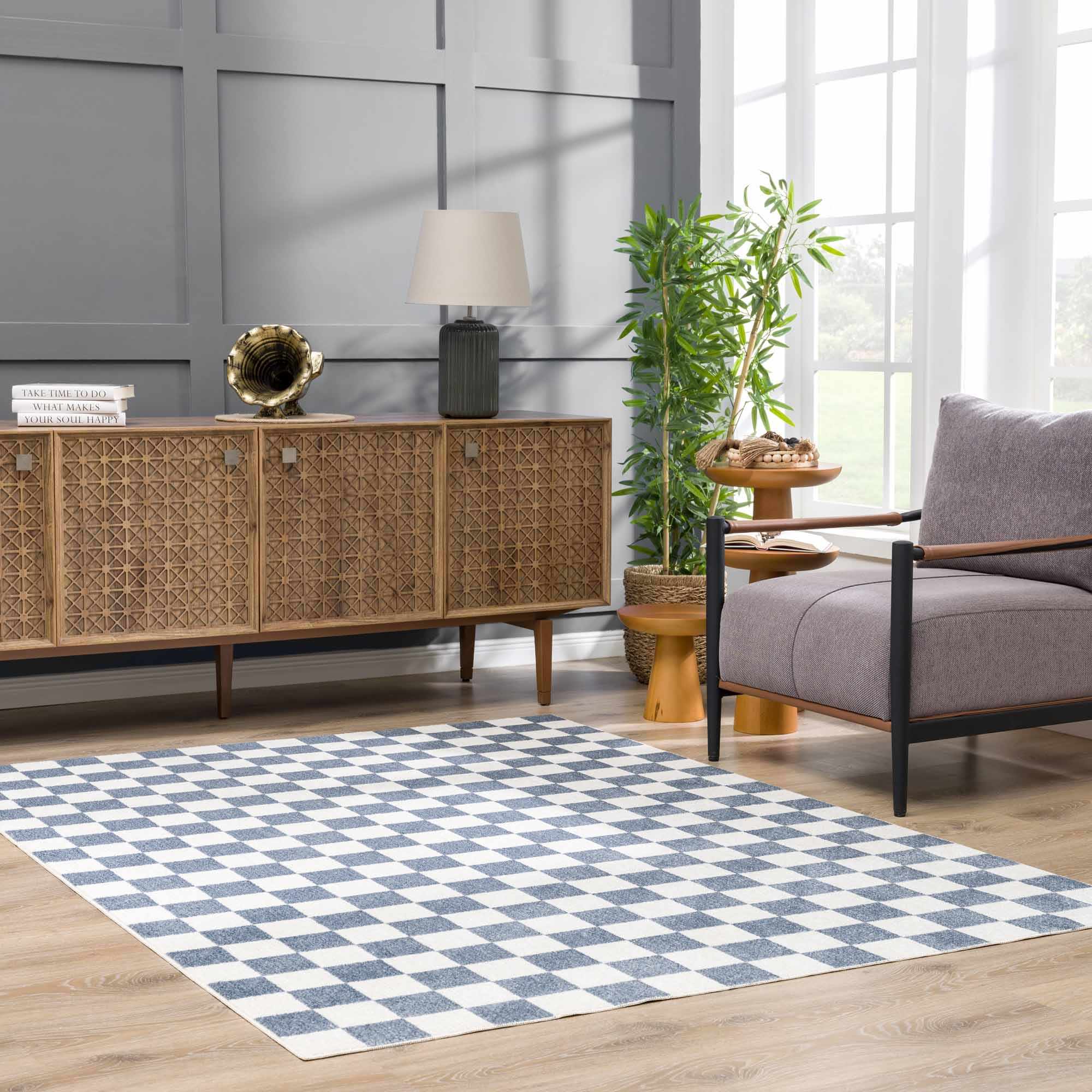 Brone Blue Checkered Washable Rug - Image 19