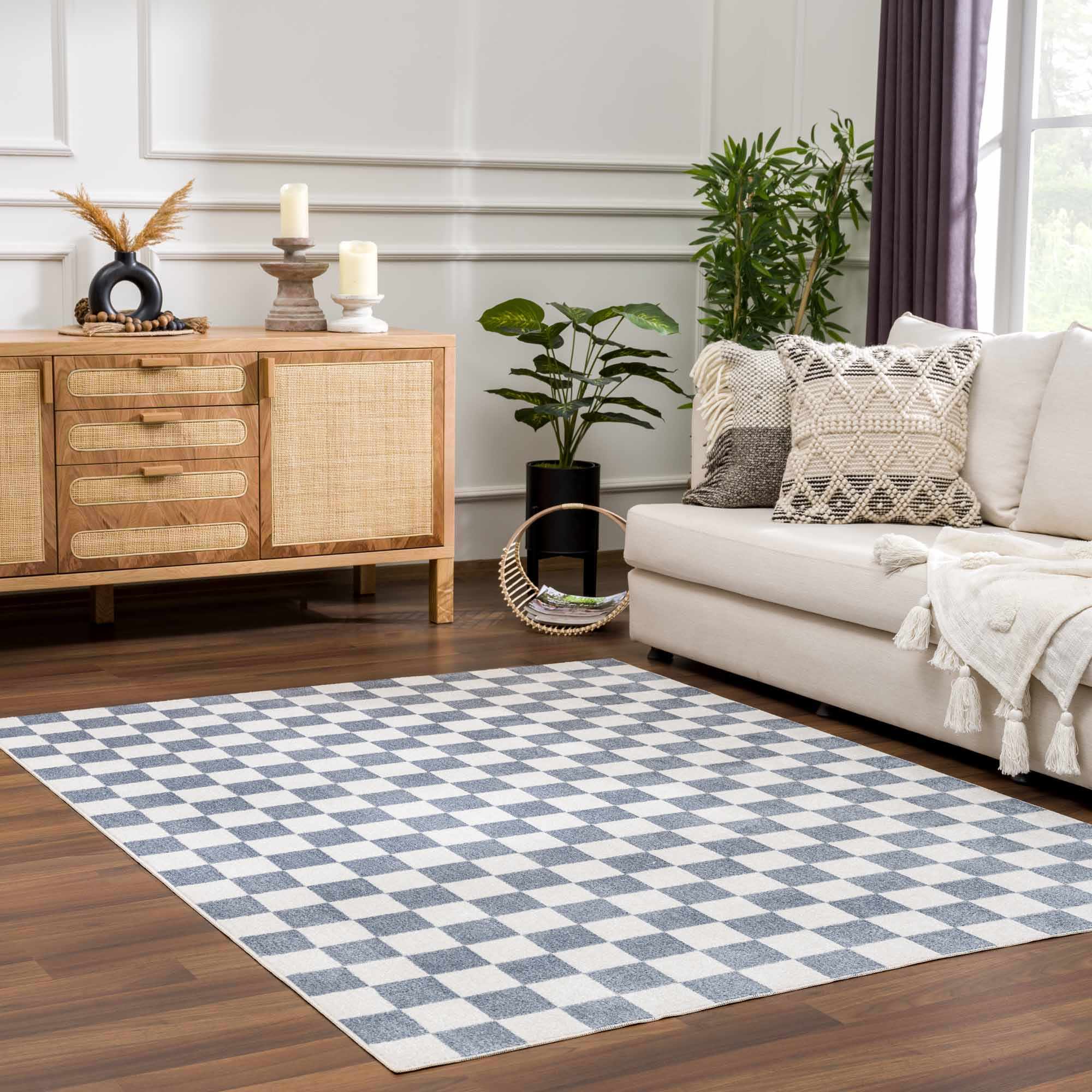 Brone Blue Checkered Washable Rug - Image 2