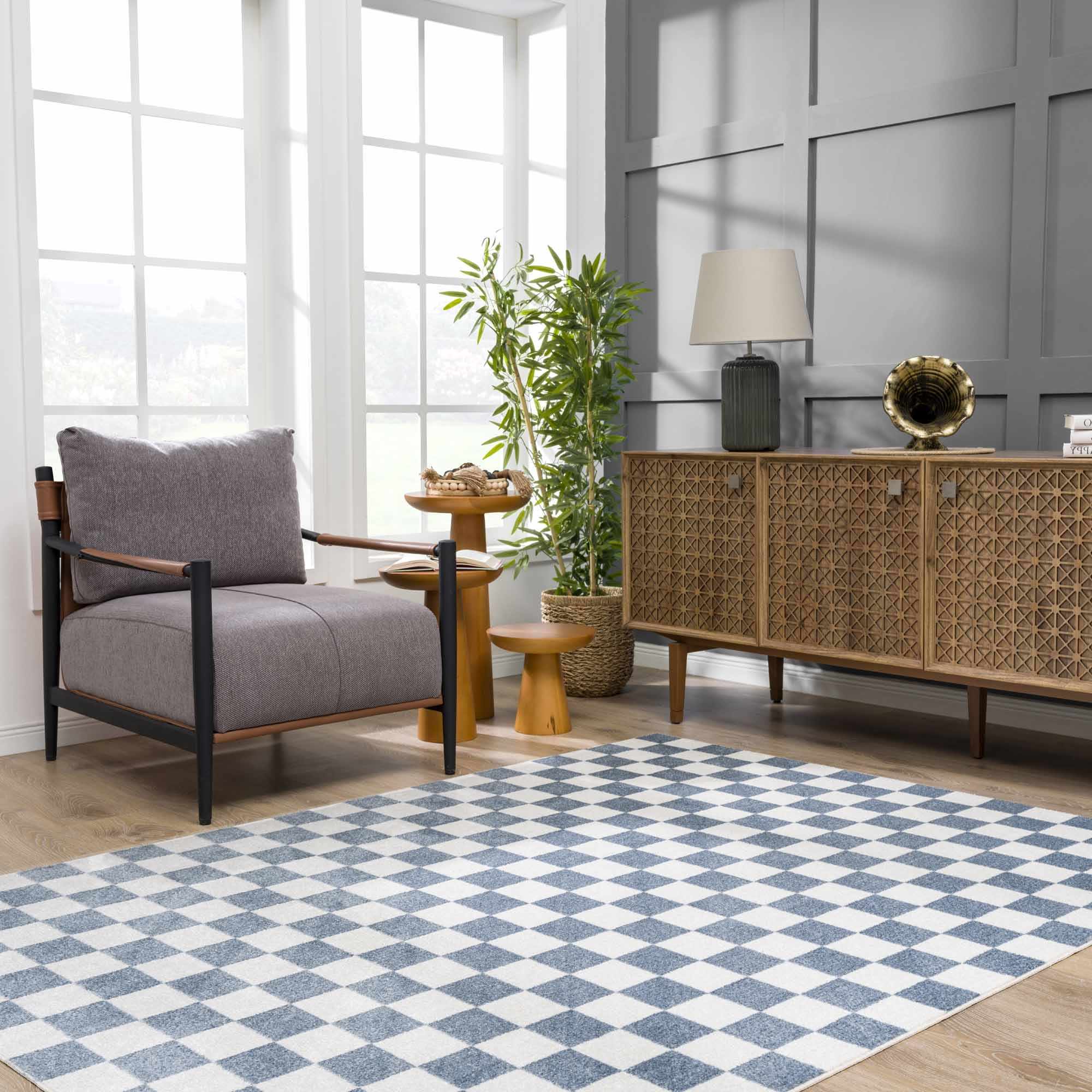 Brone Blue Checkered Washable Rug - Image 21