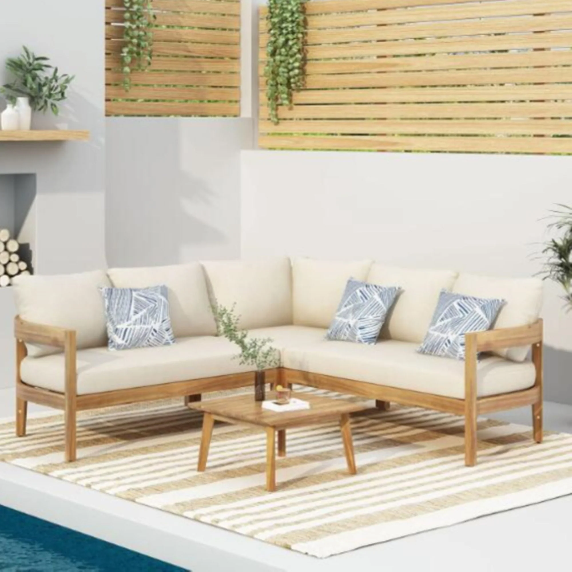 Brooklyn - Sofa Set Rounded Tuxedo Design - Teak / Beige - Image 4
