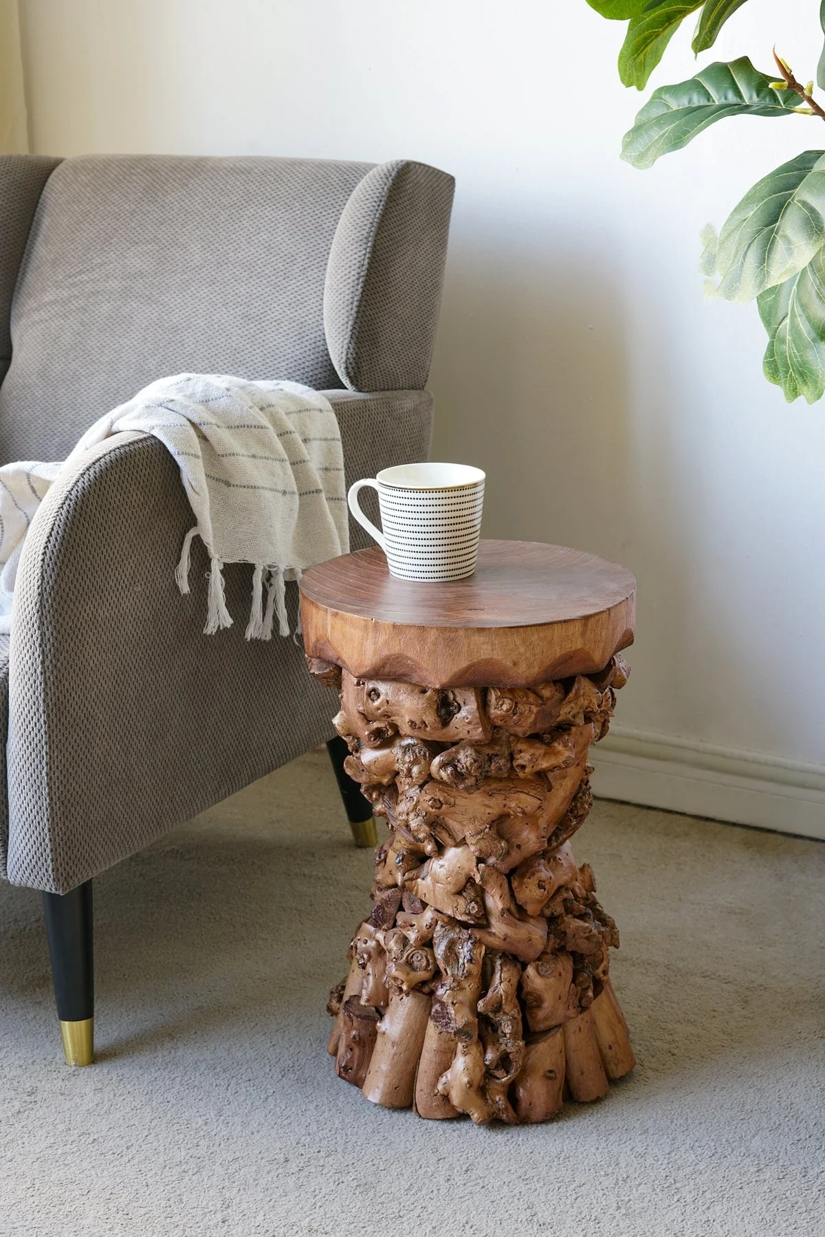 Brown Mulberry and Paulownia Wood Accent Table with Organic Tree Root Base - Image 2