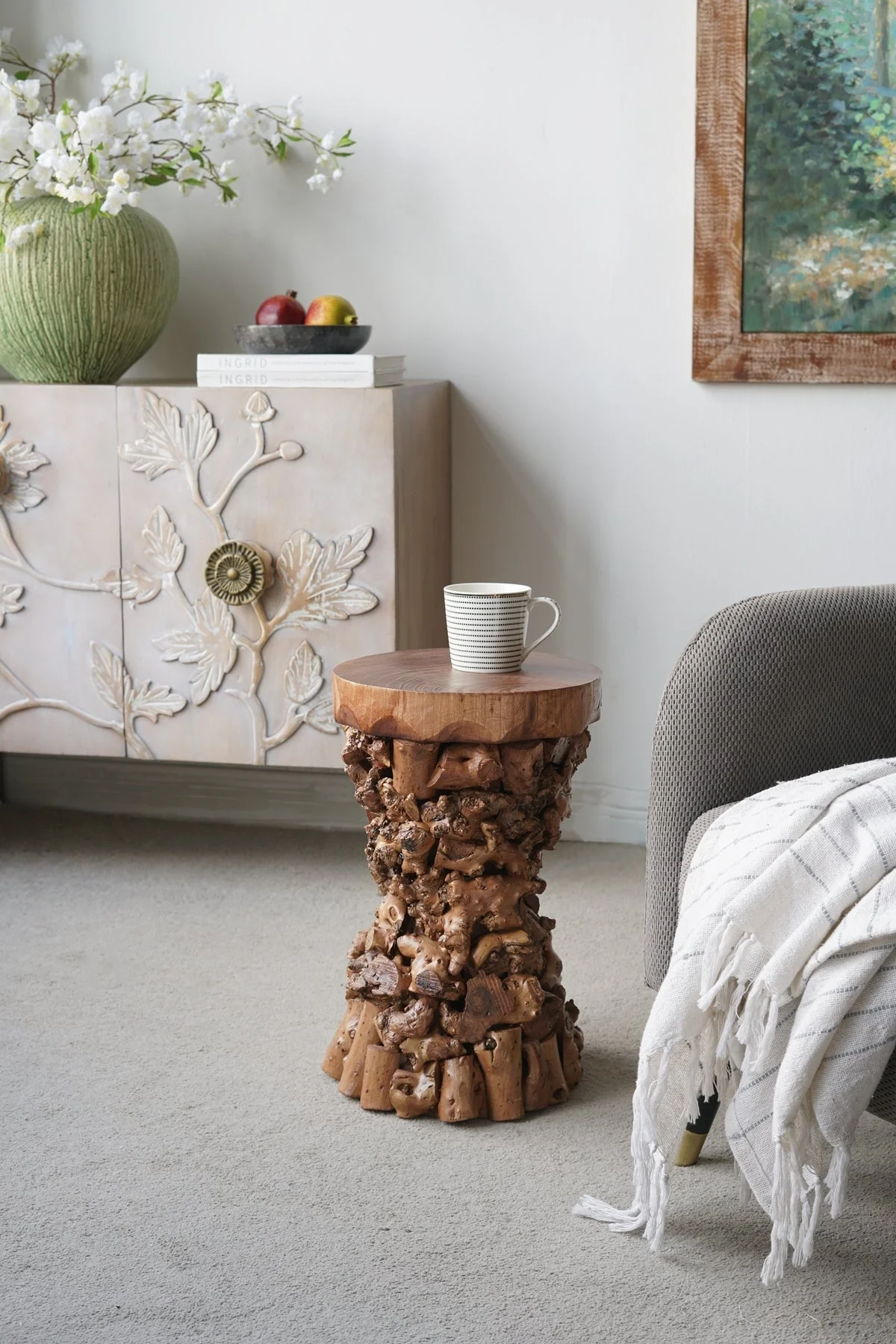 Brown Mulberry and Paulownia Wood Accent Table with Organic Tree Root Base - Image 6