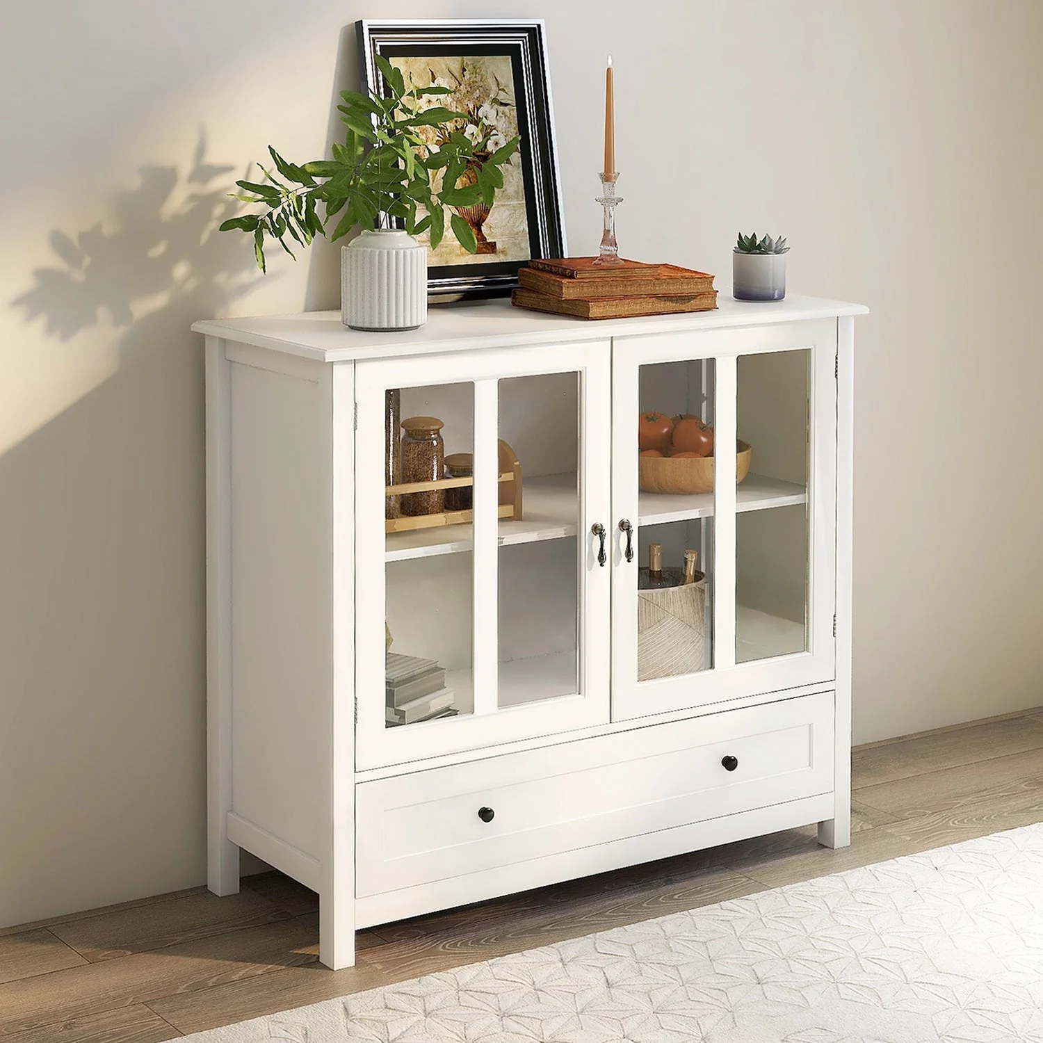 Buffet Storage Cabinet with Double Glass Doors and Unique Bell Handle - Image 2