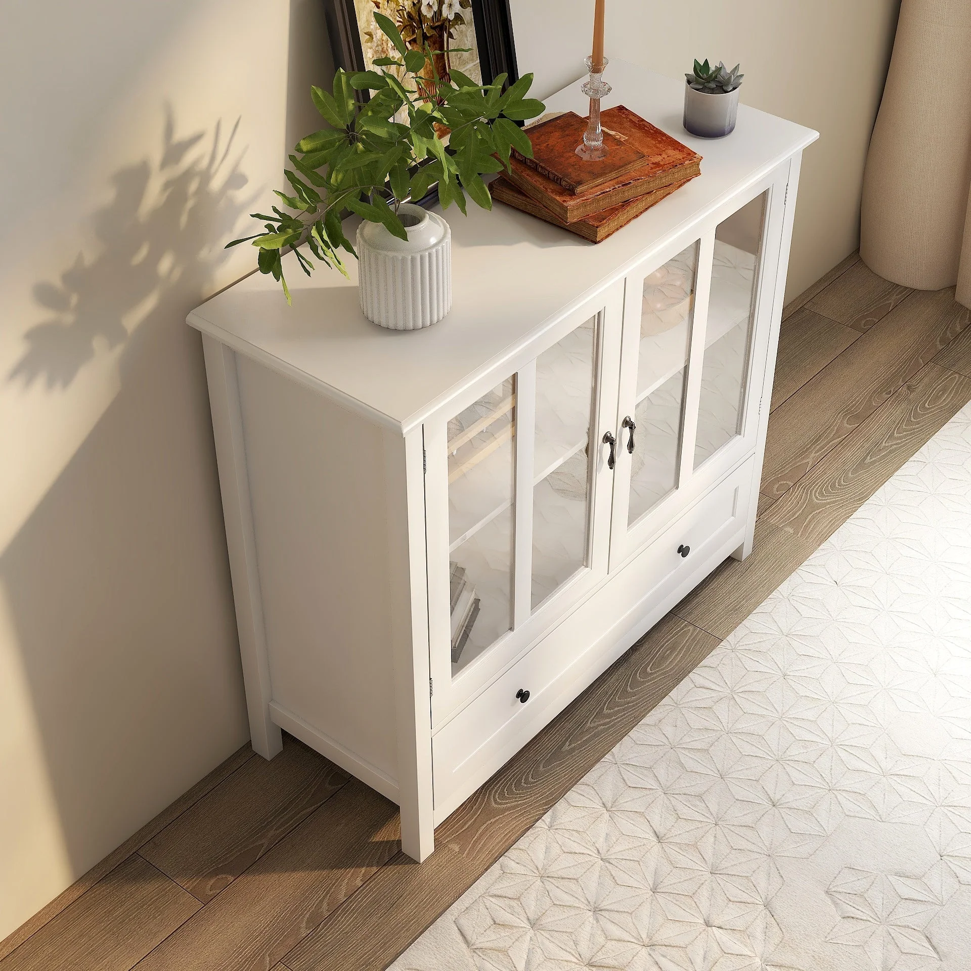 Buffet Storage Cabinet with Double Glass Doors and Unique Bell Handle - Image 3