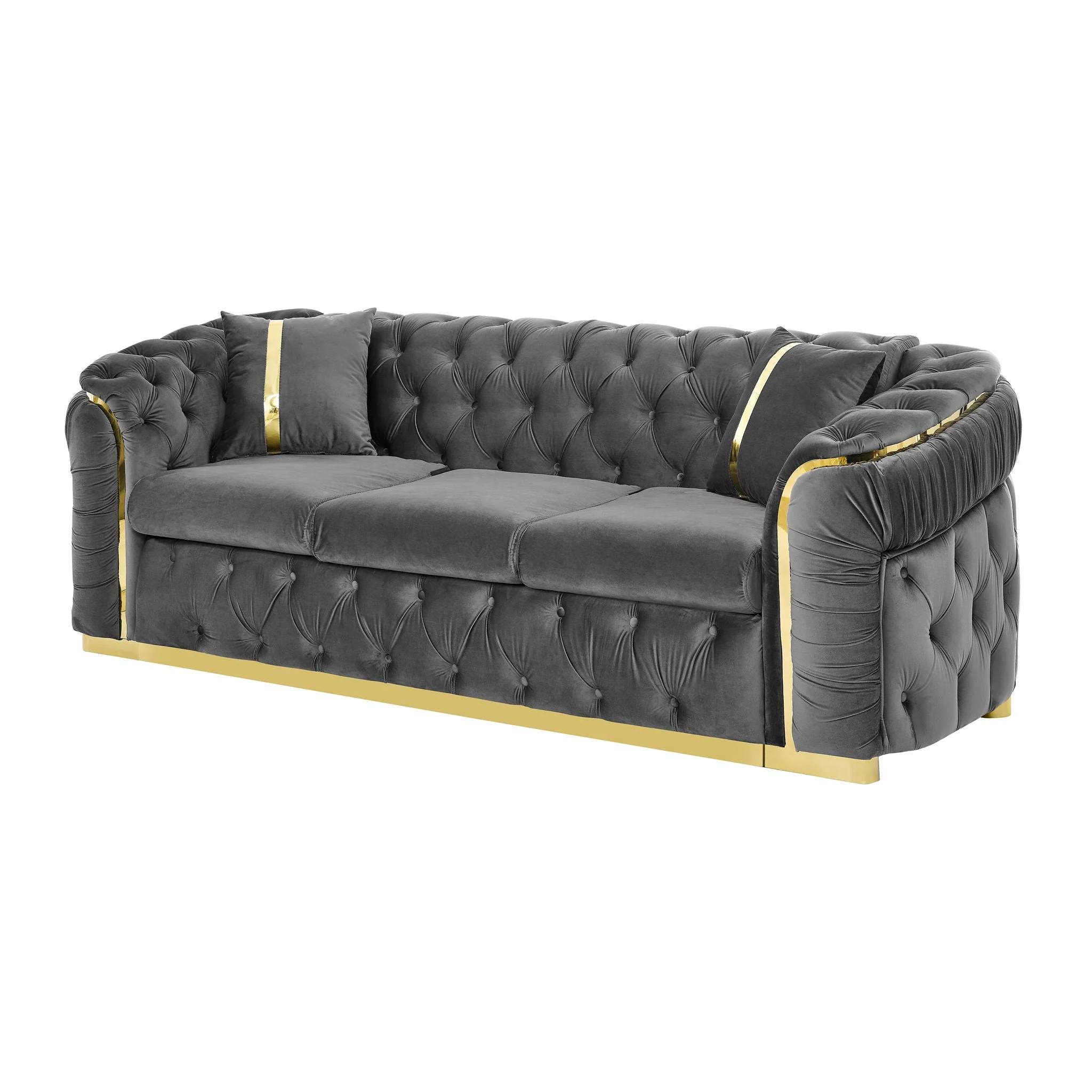 Button Tufted Couch With 2 Pillows, 3 Seater Luxury Chesterfield Sofa - Image 3