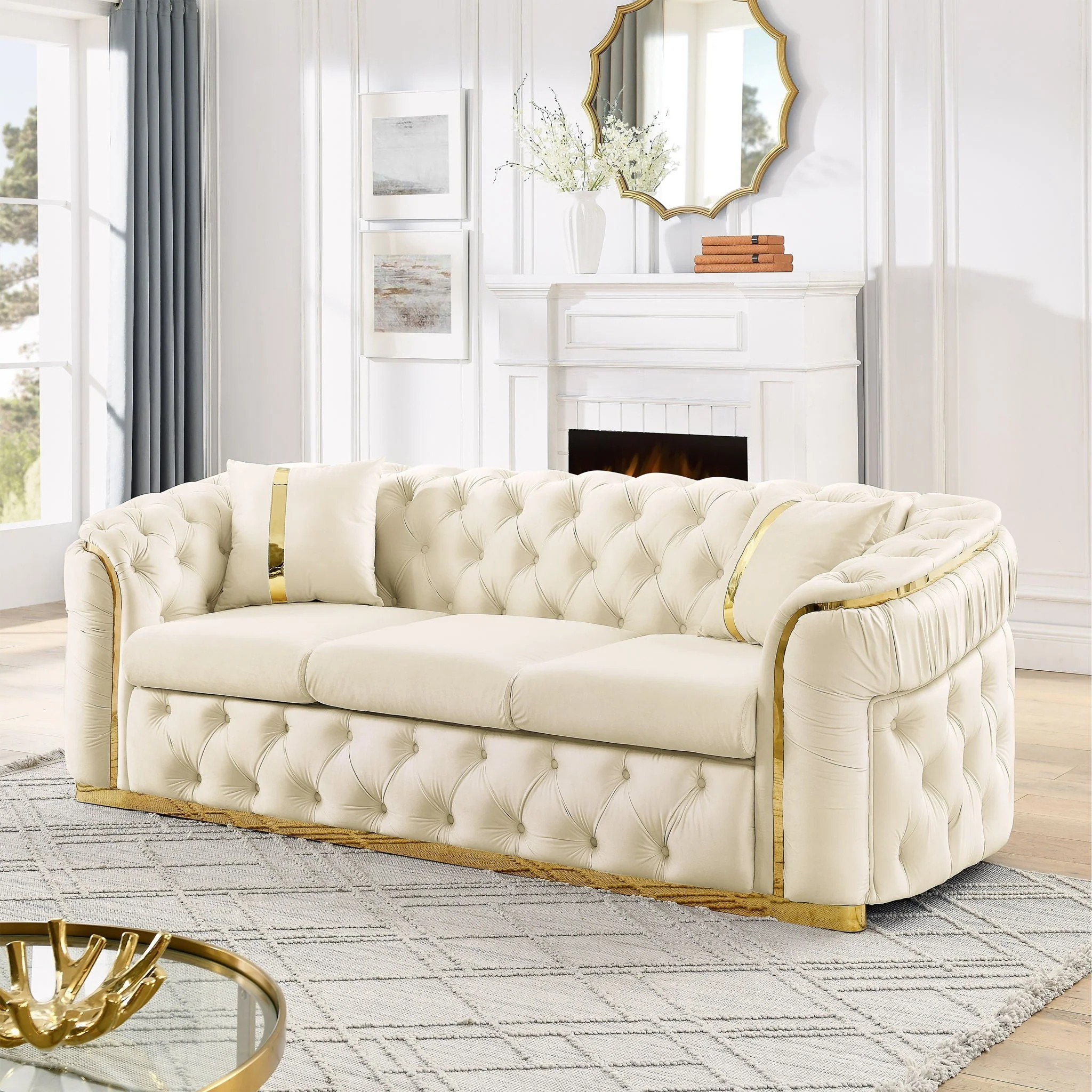 Button Tufted Couch With 2 Pillows, 3 Seater Luxury Chesterfield Sofa - Image 4