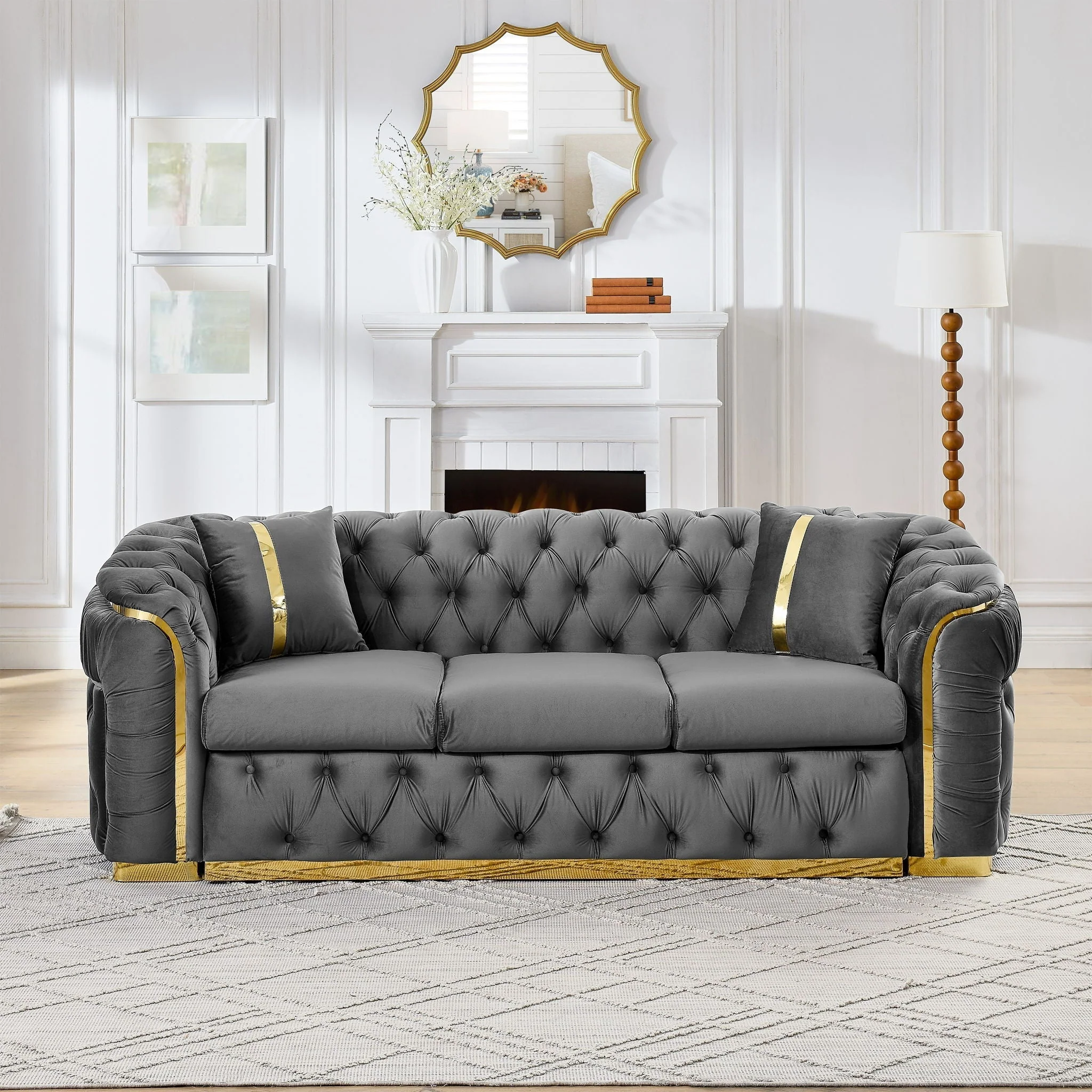 Button Tufted Couch With 2 Pillows, 3 Seater Luxury Chesterfield Sofa - Image 5