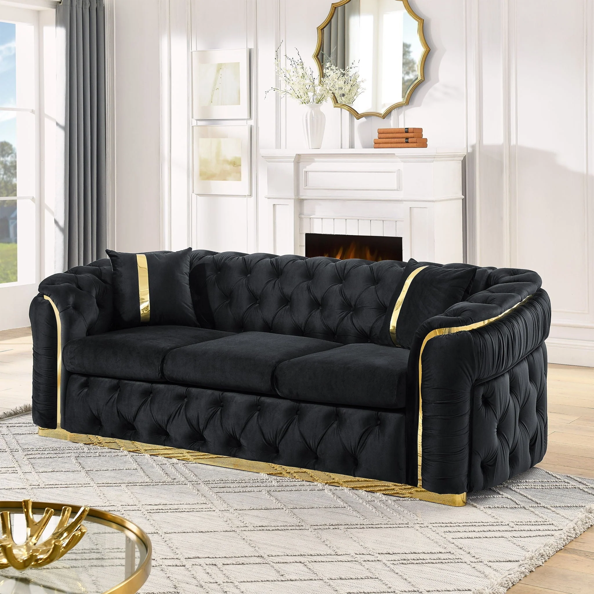 Button Tufted Couch With 2 Pillows, 3 Seater Luxury Chesterfield Sofa - Image 6