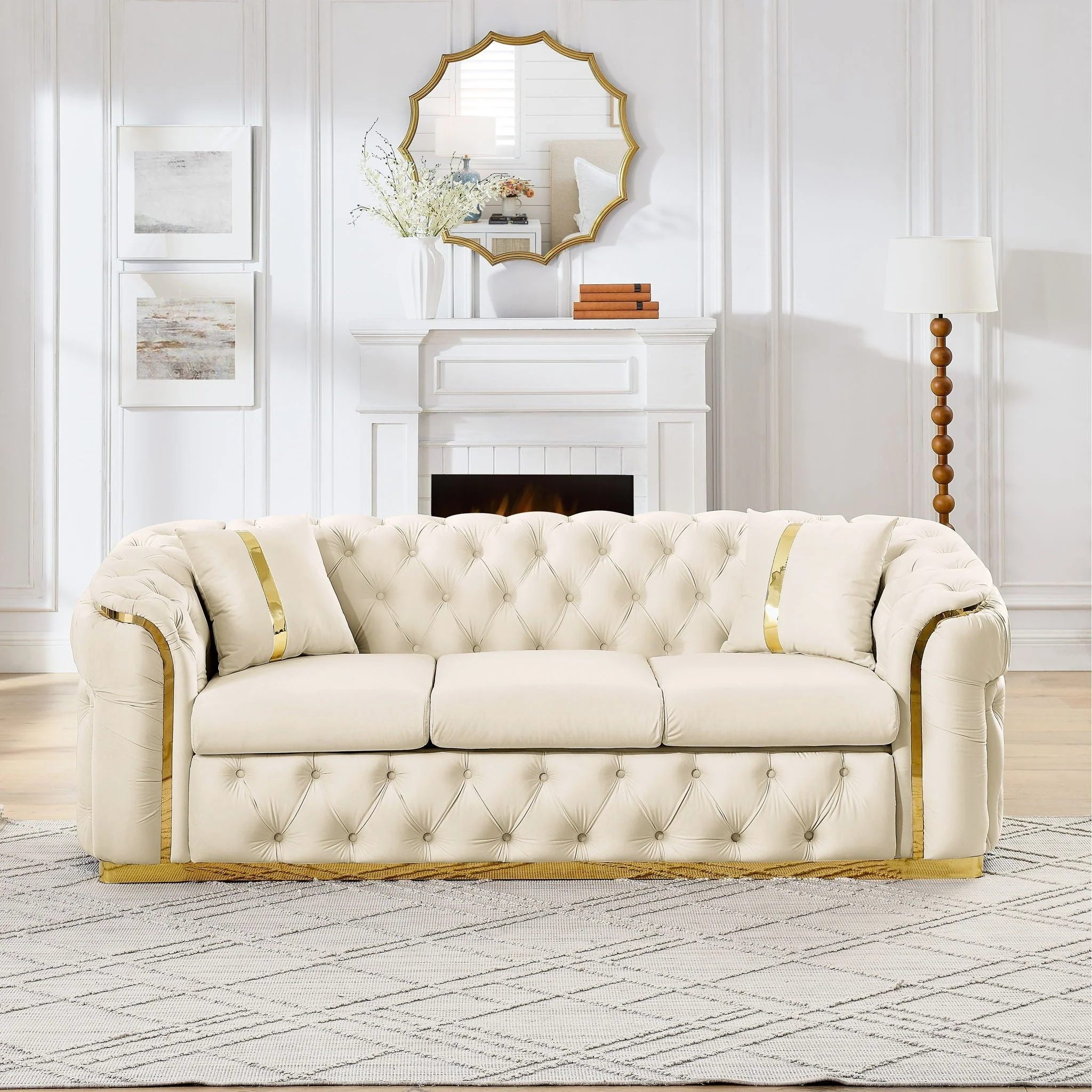 Button Tufted Couch With 2 Pillows, 3 Seater Luxury Chesterfield Sofa - Image 7