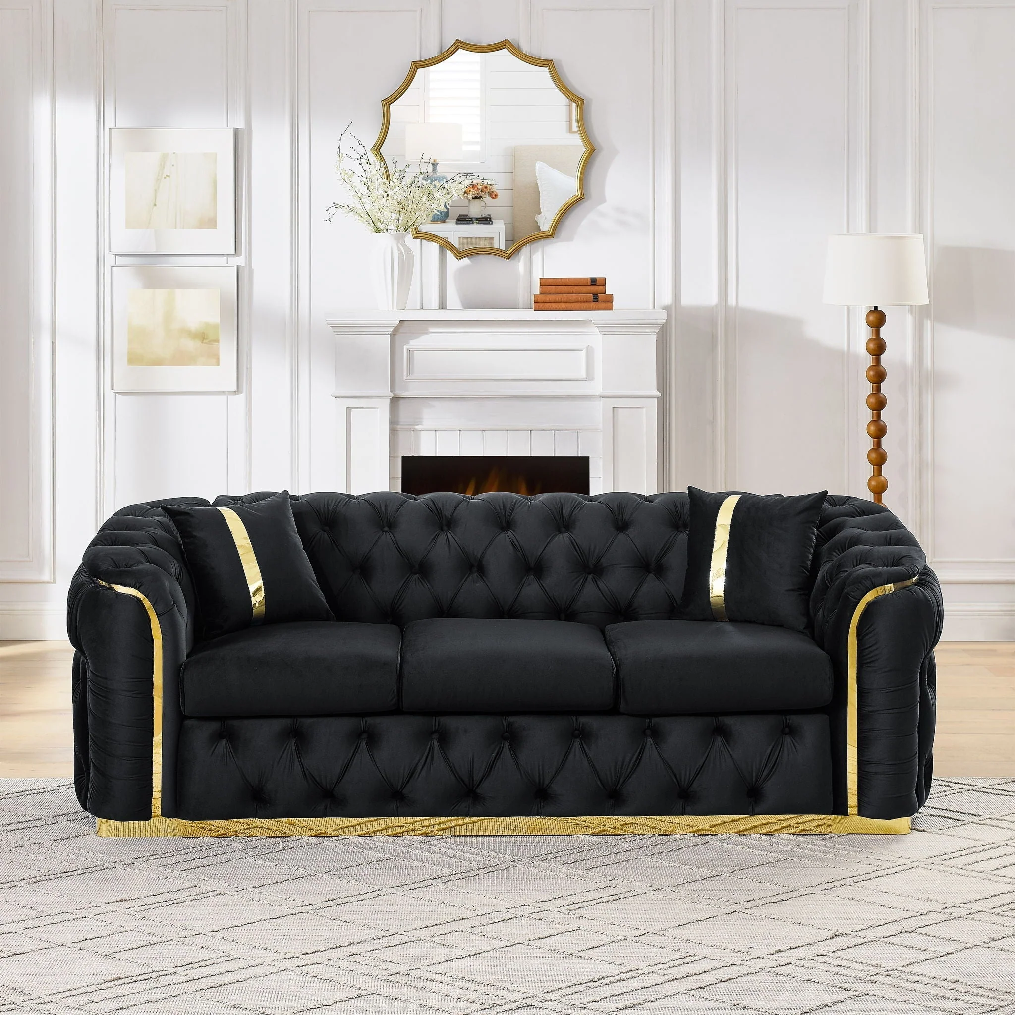 Button Tufted Couch With 2 Pillows, 3 Seater Luxury Chesterfield Sofa - Image 8