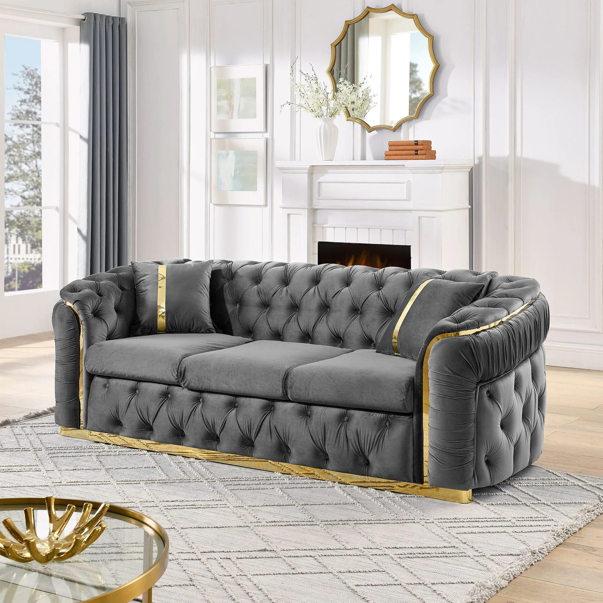 Button Tufted Couch With 2 Pillows, 3 Seater Luxury Chesterfield Sofa - Image 9