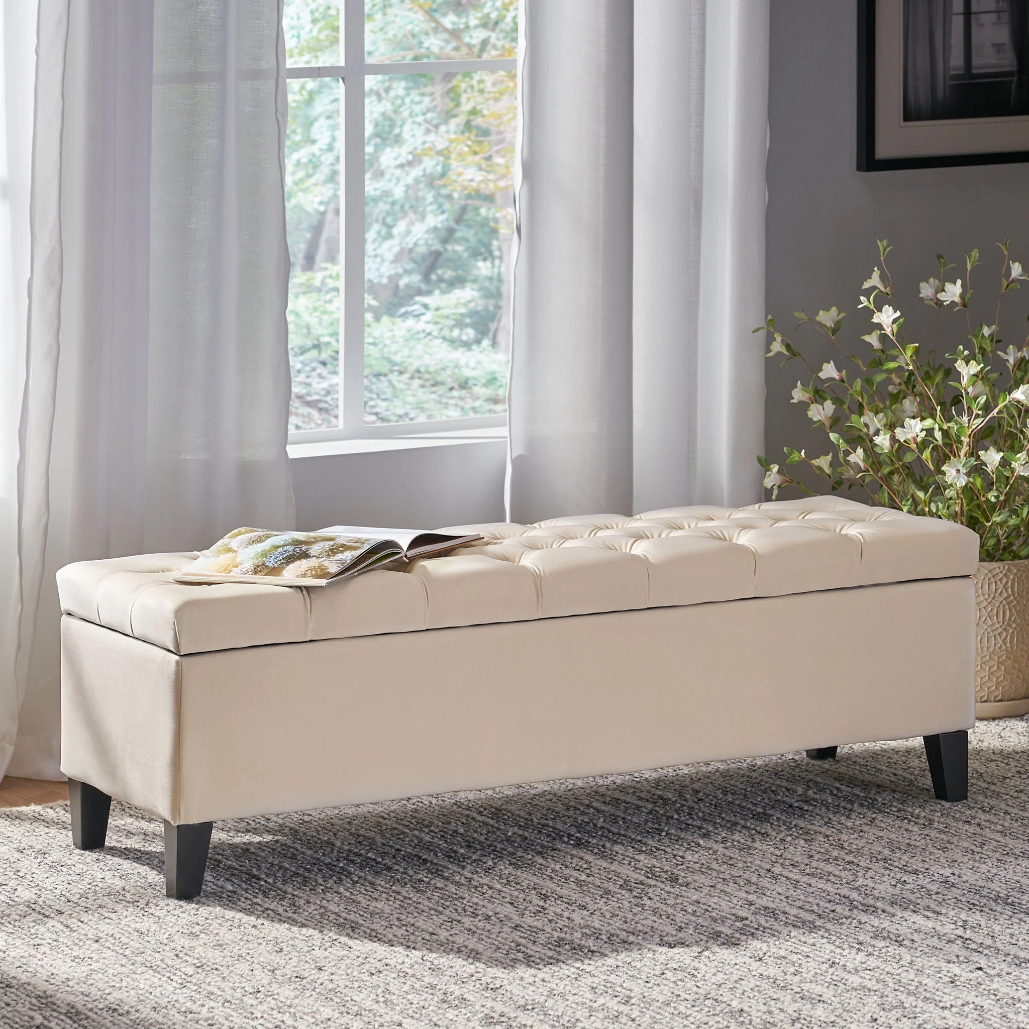 Button Tufted Diamond Stitch Storage Ottoman - Beige - Image 3