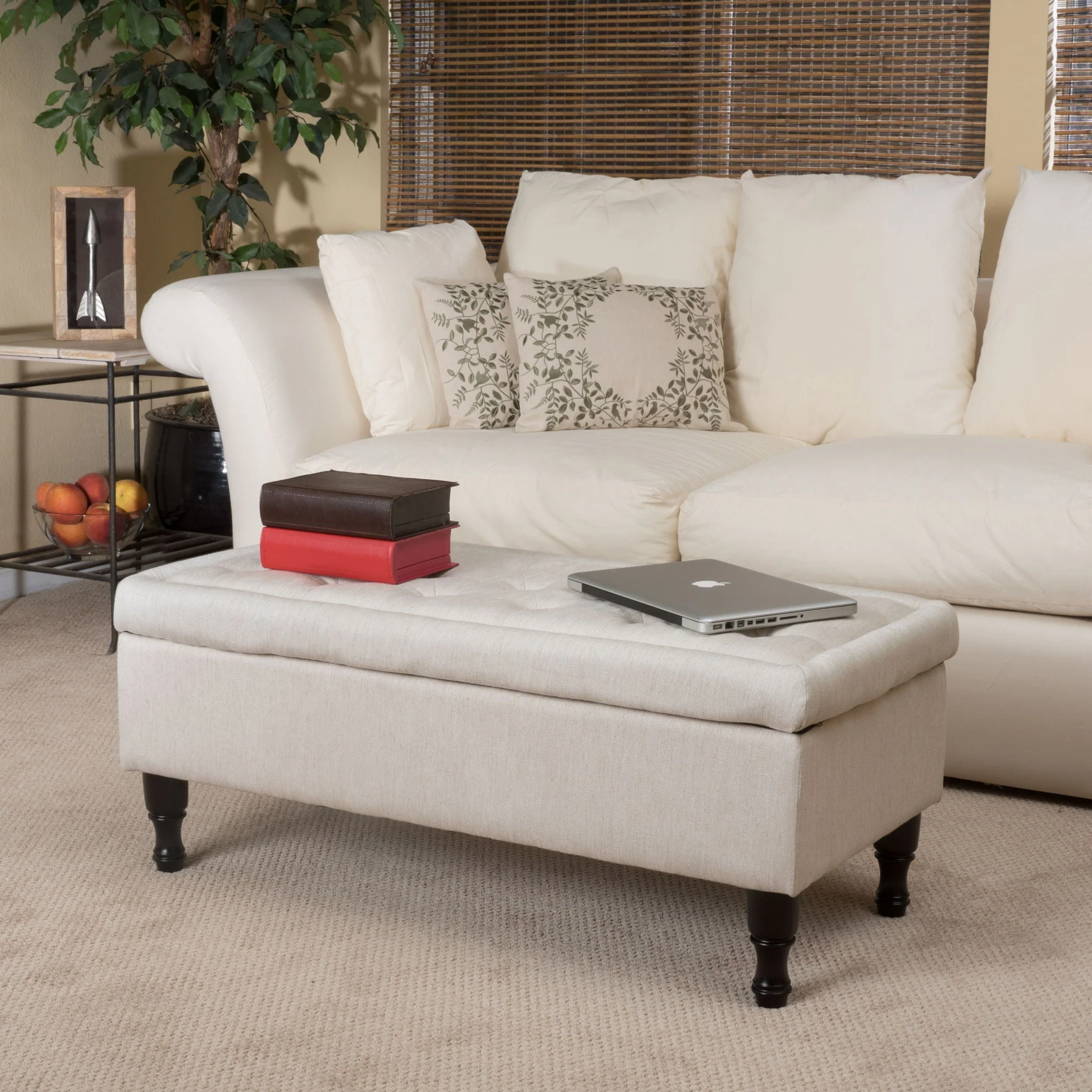 Button-Tufted Upholstered Ottoman With Hidden Storage - Linen - Image 2