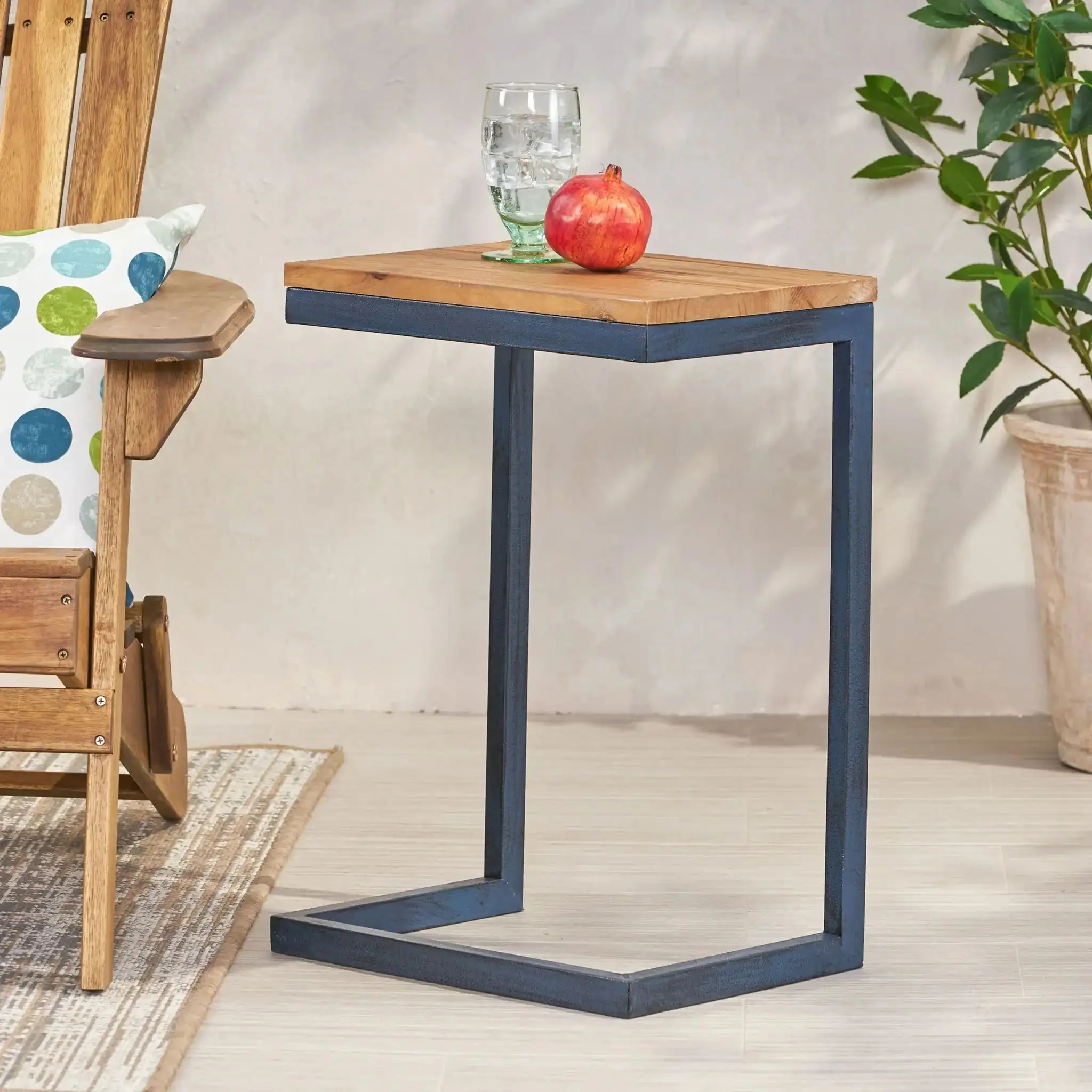 C Shaped End Table With Iron Base And Fir Wood To - Image 6