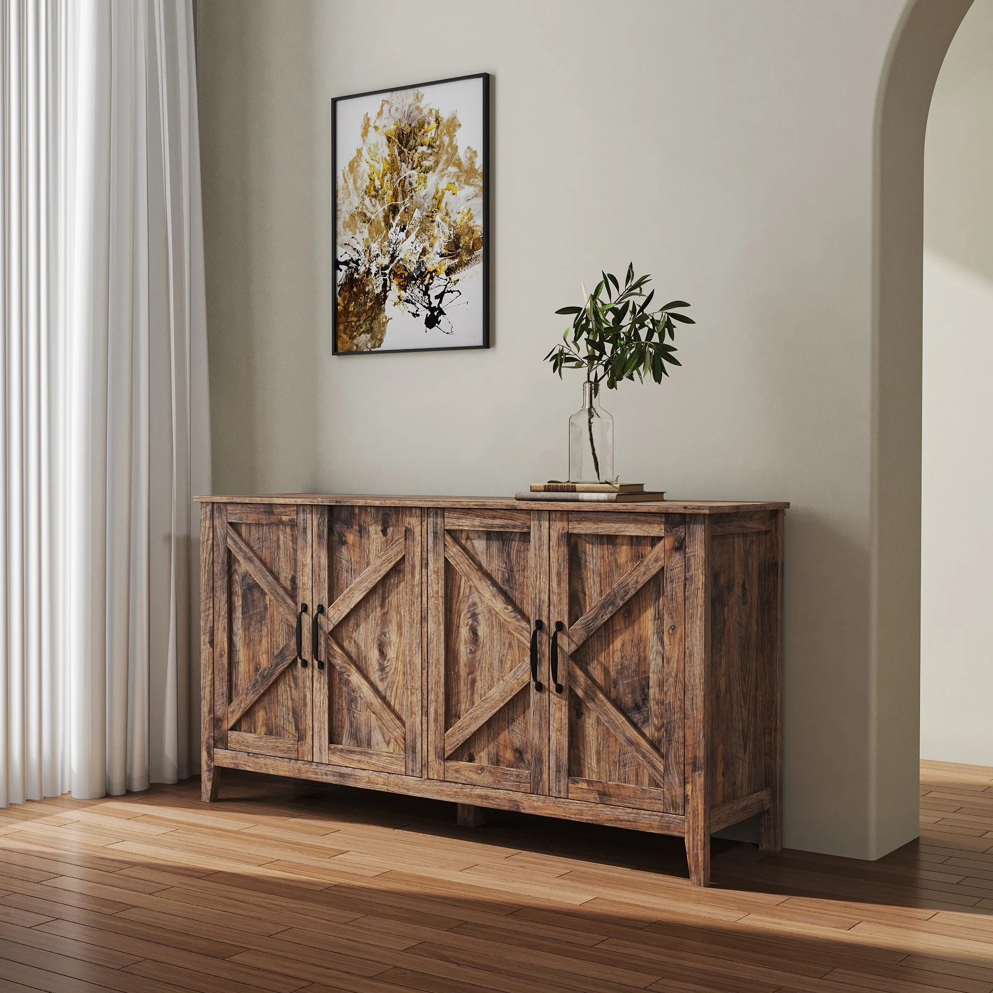 Cabinet with 4 Doors and 4 Open Shelves Freestanding Sideboard - Image 6
