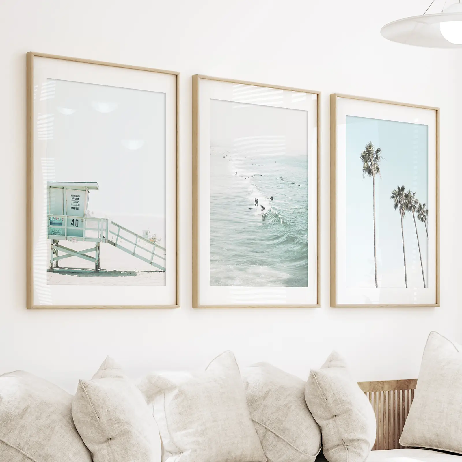 California Coastal Set of 3 Prints. Lifeguard, Surfers, Palms - Image 3
